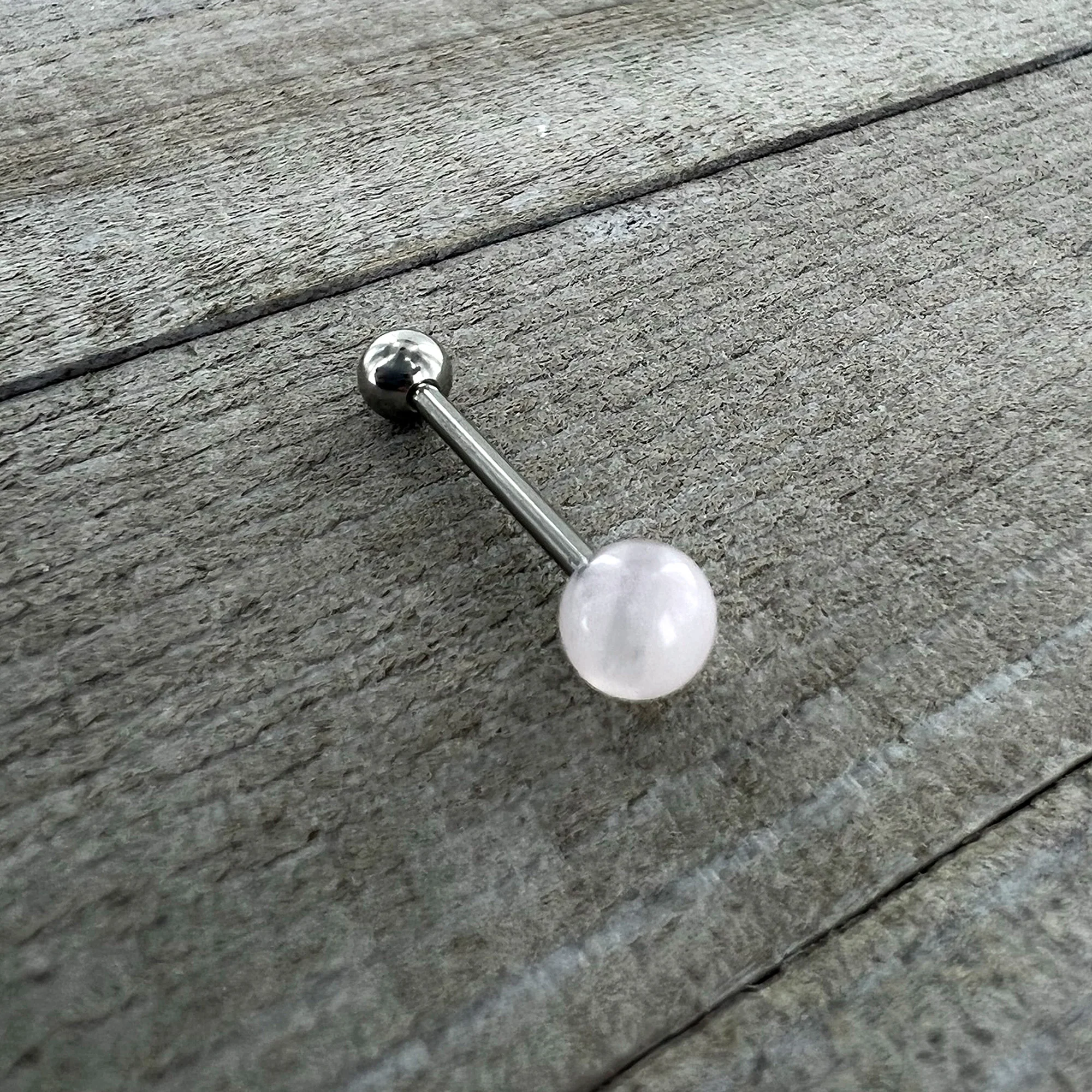 Pink Synthetic Light Rose Quartz Barbell Tongue Ring - Image 6