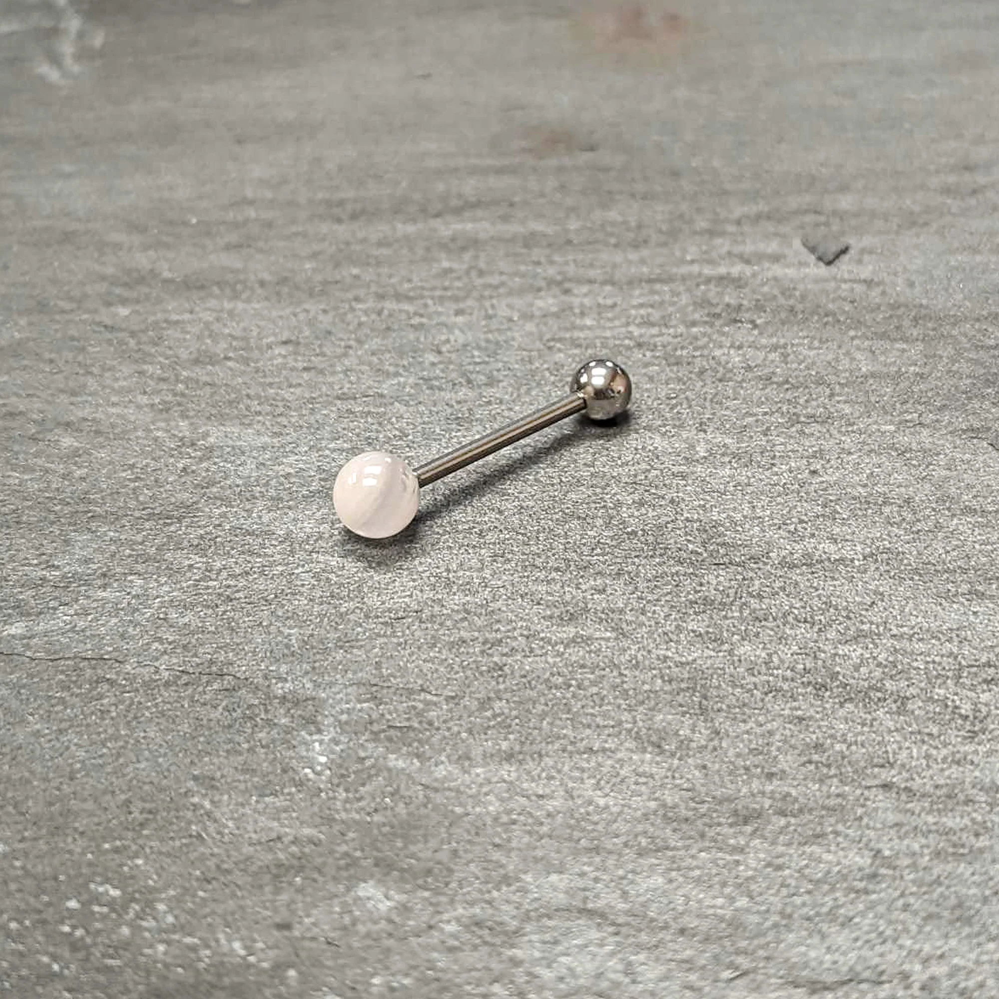 Pink Synthetic Light Rose Quartz Barbell Tongue Ring - Image 7