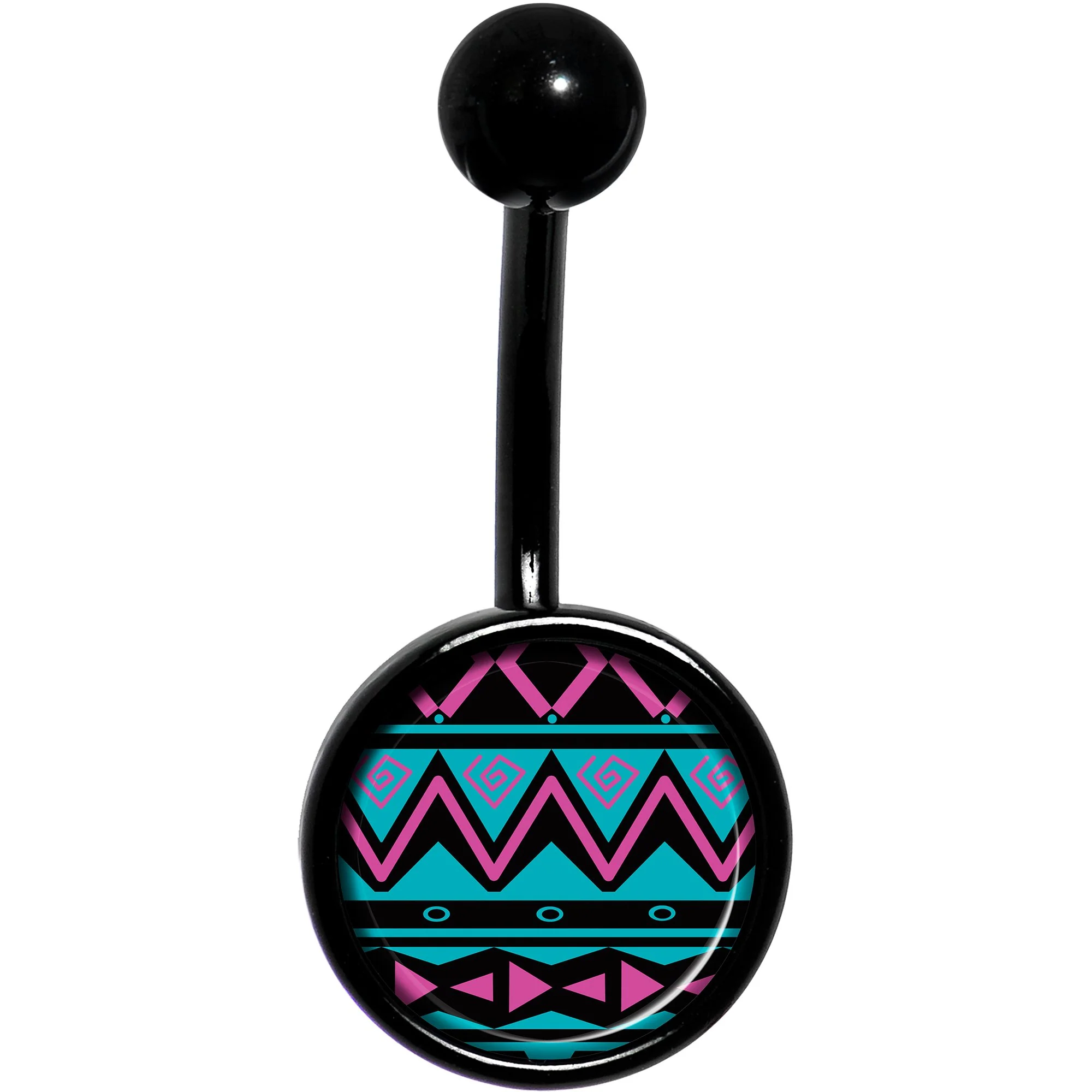 Pink Teal Tribal Pattern Black Belly Ring - Image 2