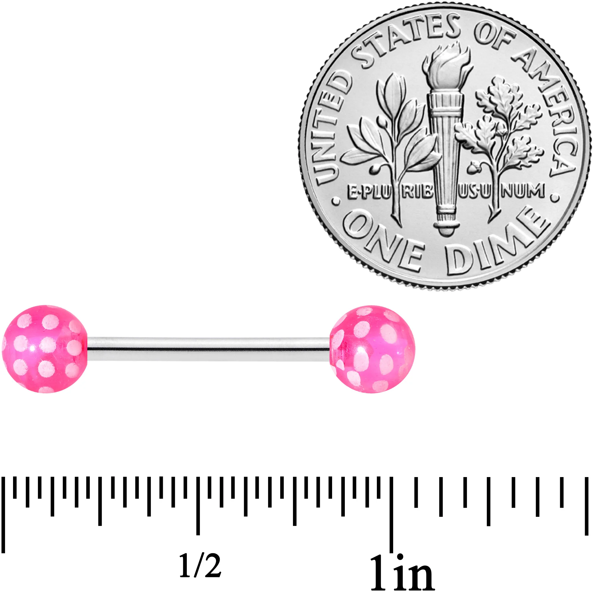 Pink White Polka Dot UV Reactive Ball Barbell Tongue Ring - Image 2