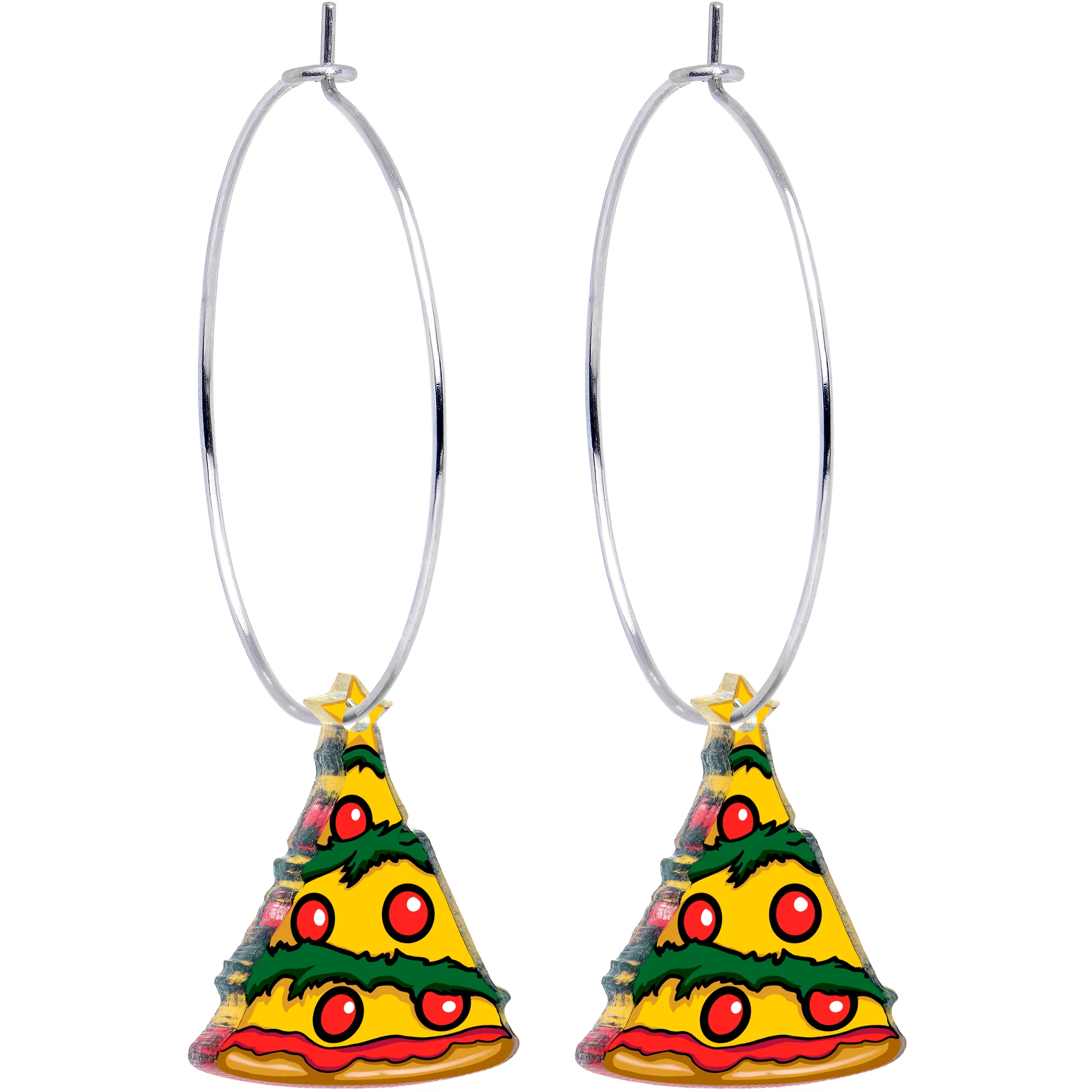 Pizza Christmas Tree Dangle Holiday Hoop Earrings by Onyx O
