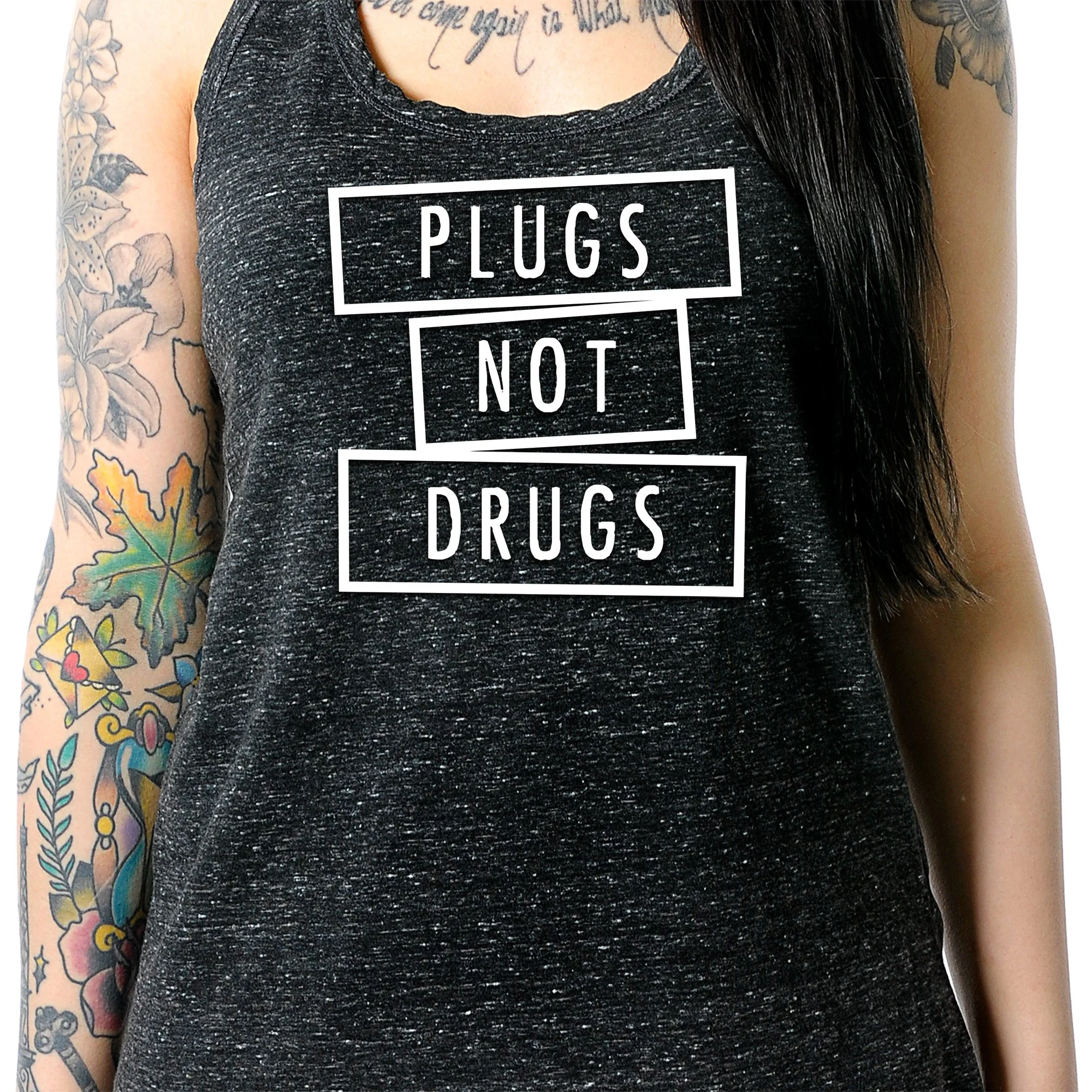 Plugs Not Drugs Black Gray Cosmic Twist Back Tank Top - Image 3