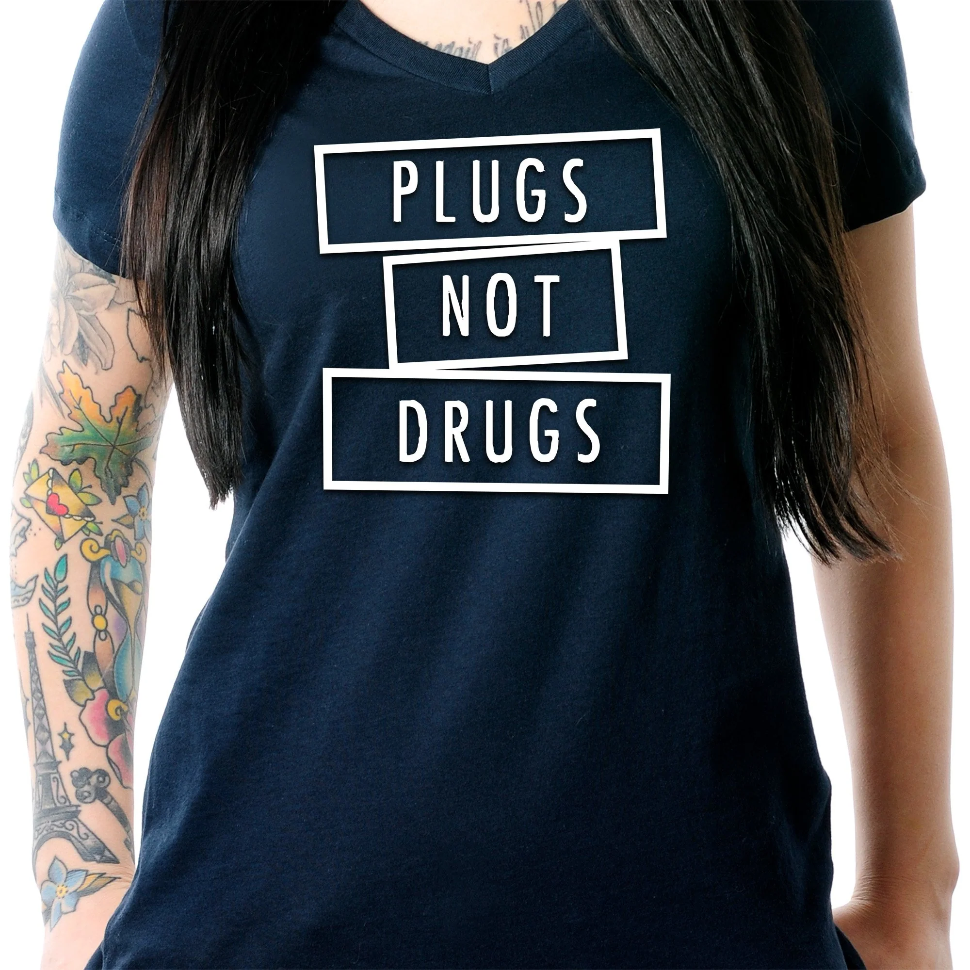 Plugs Not Drugs V-Neck Tee Shirt - Image 3