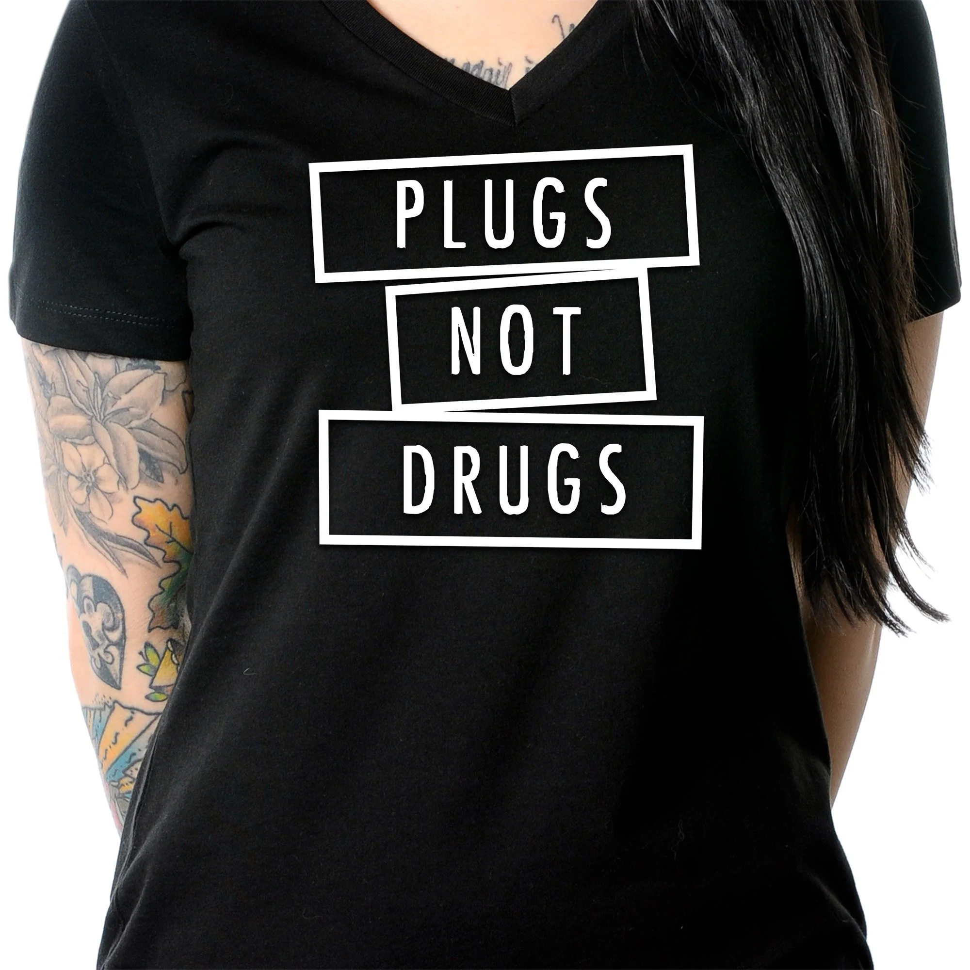 Plugs Not Drugs V-Neck Tee Shirt - Image 6