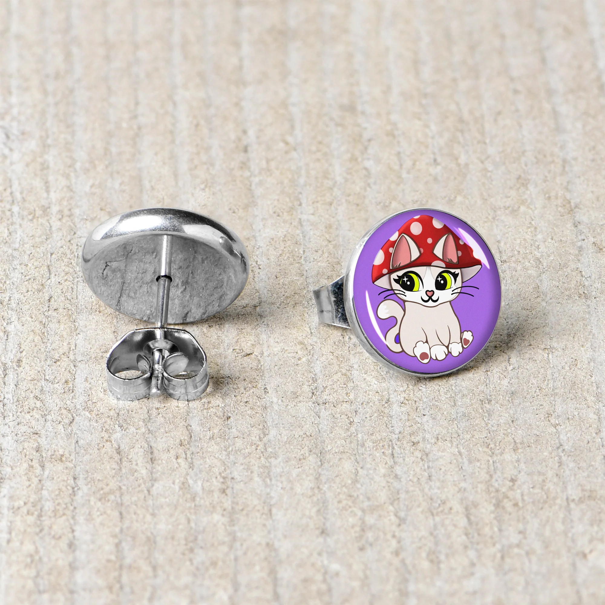 Polka Dot Mushroom Hat Cat Stud Earrings by Onyx O - Image 5