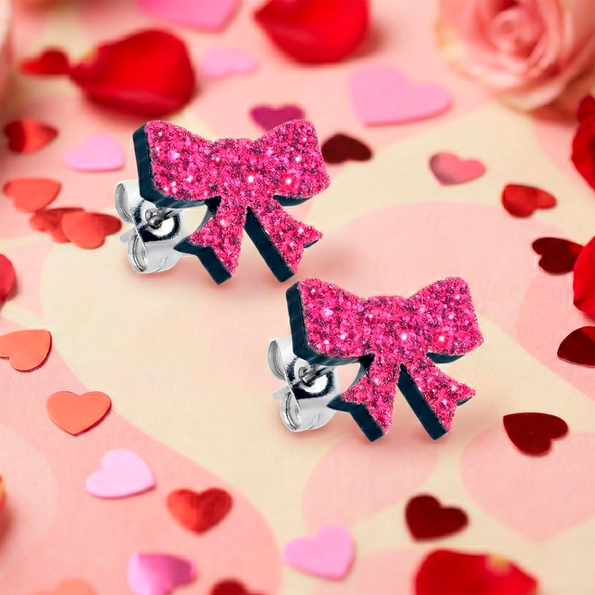 Pretty Pink Glitter Ribbon Stud Earrings - Image 2