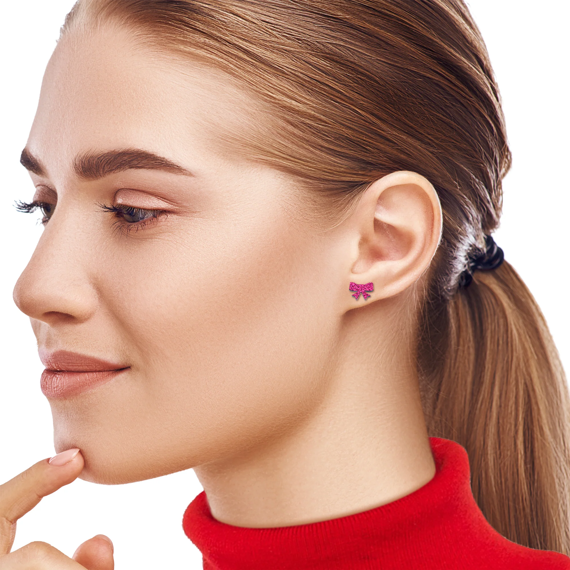 Pretty Pink Glitter Ribbon Stud Earrings - Image 4