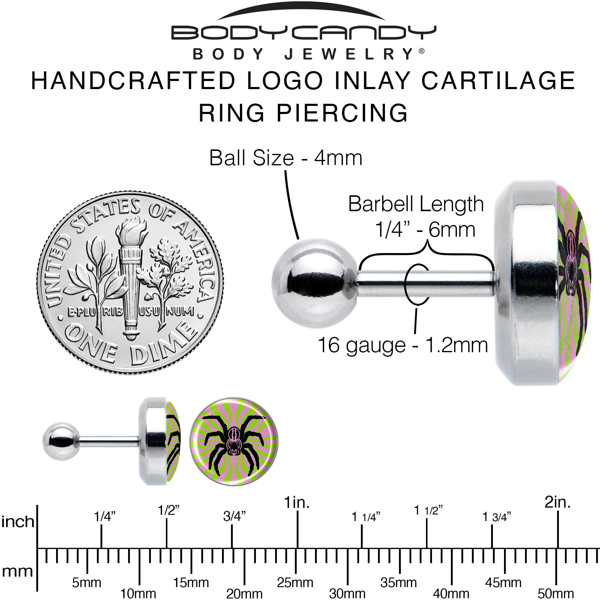 16G 1/4 Psychedelic Spider Tragus Cartilage Earring by Onyx O - Image 6