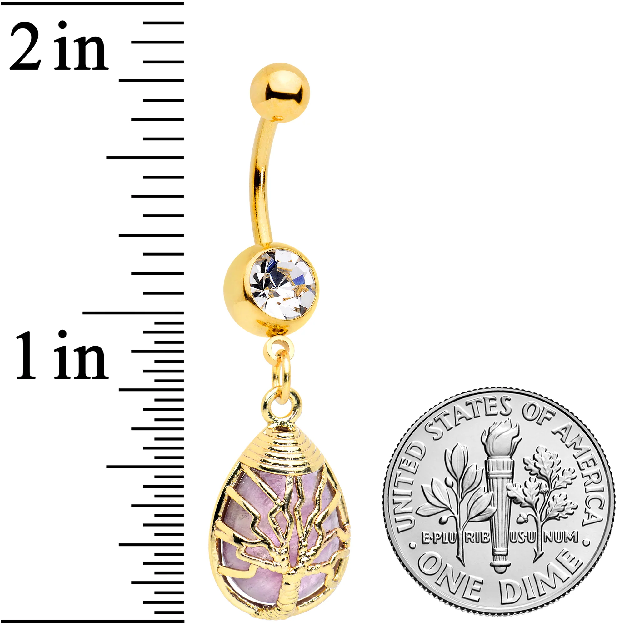 Purple Amethyst Gold Tone Drop Tree Dangle Belly Ring - Image 2