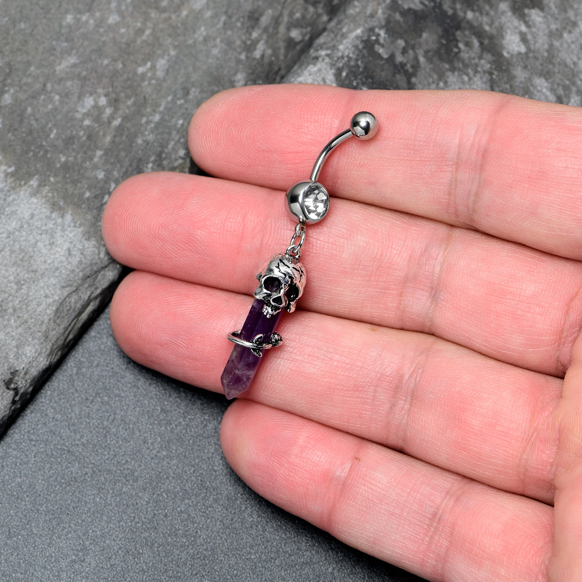 Purple Amethyst Skull Obelisk Rose Dangle Belly Ring - Image 2