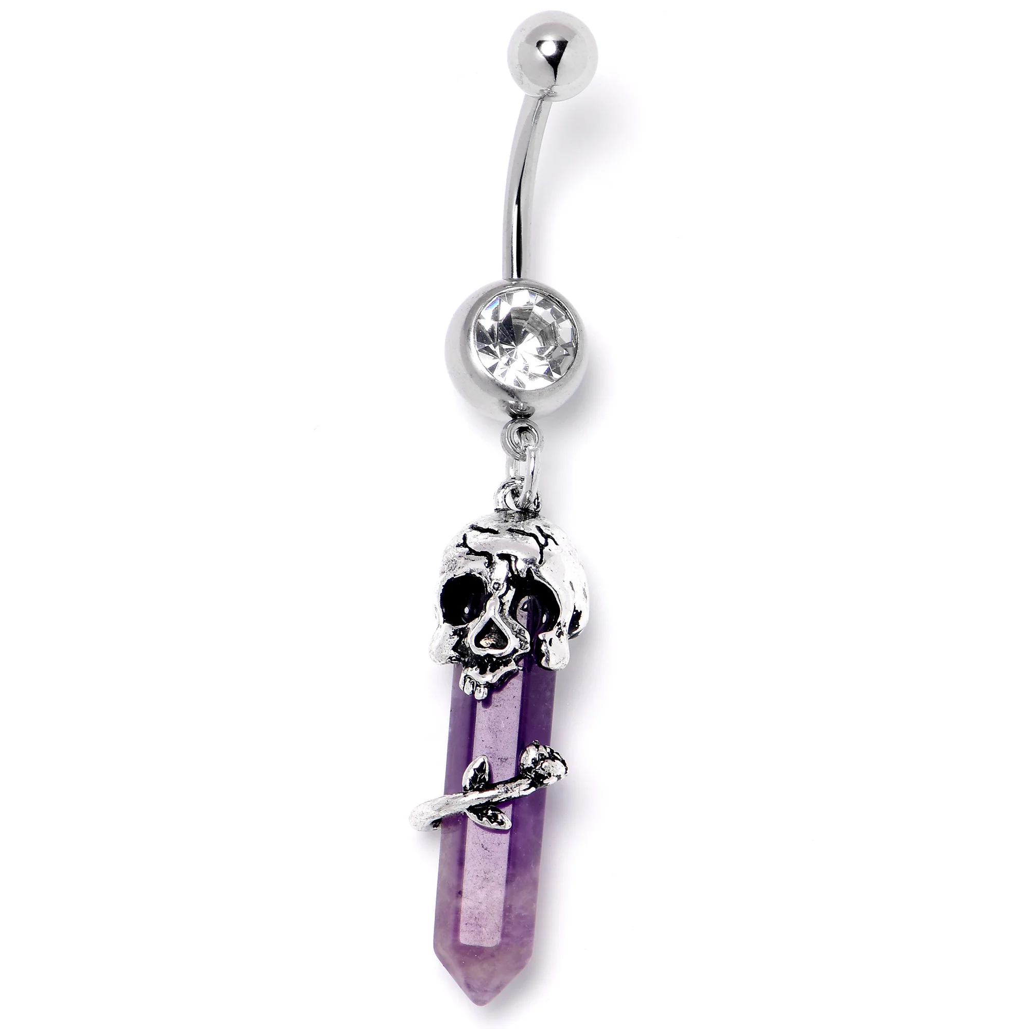 Purple Amethyst Skull Obelisk Rose Dangle Belly Ring - Image 3