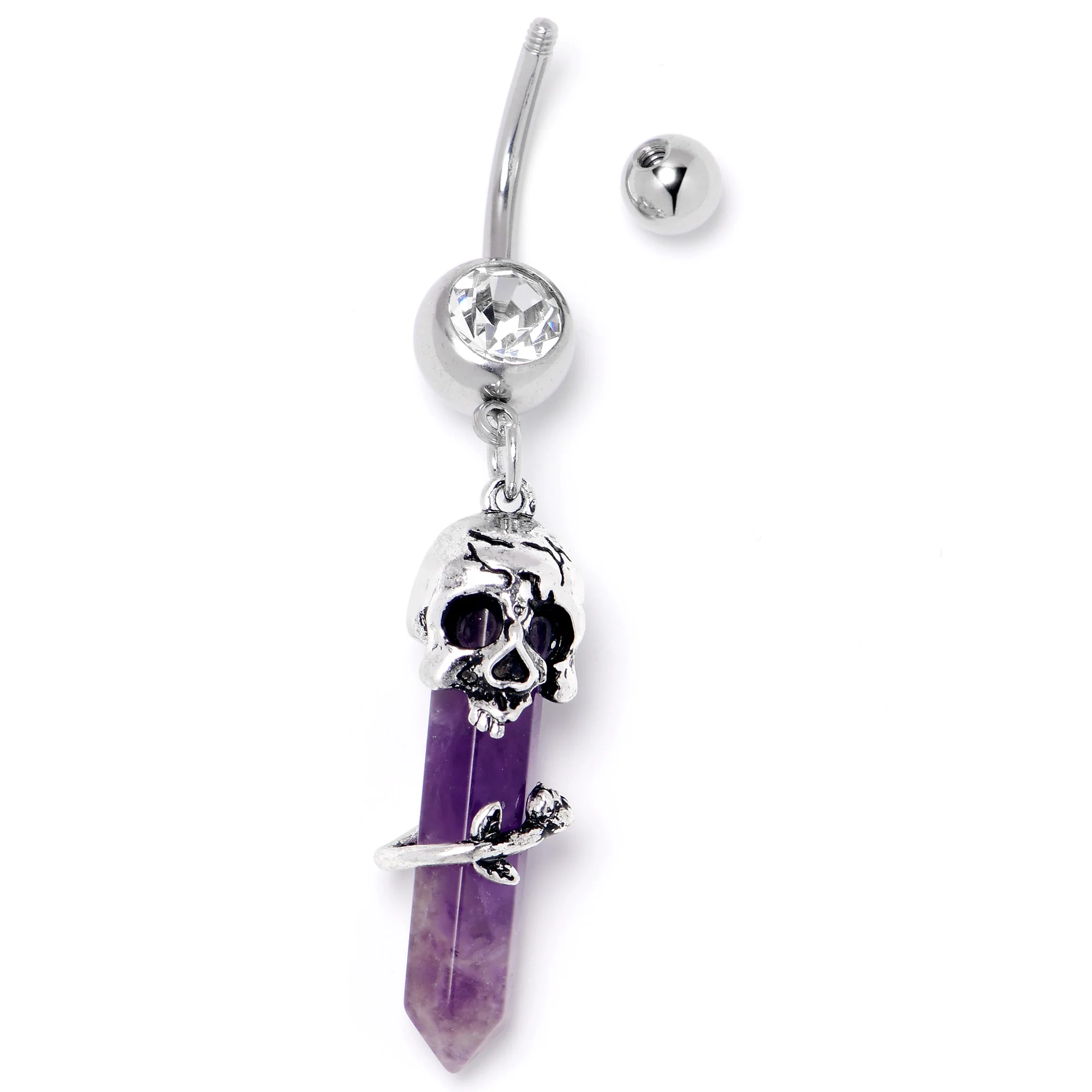 Purple Amethyst Skull Obelisk Rose Dangle Belly Ring - Image 4