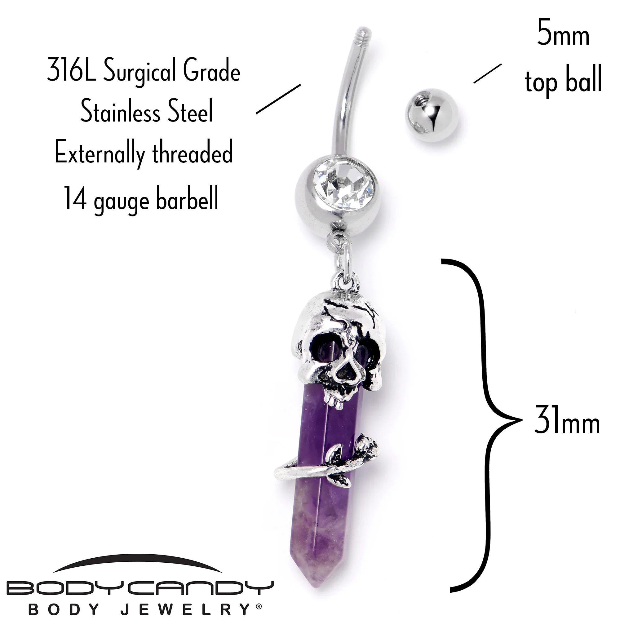 Purple Amethyst Skull Obelisk Rose Dangle Belly Ring - Image 5