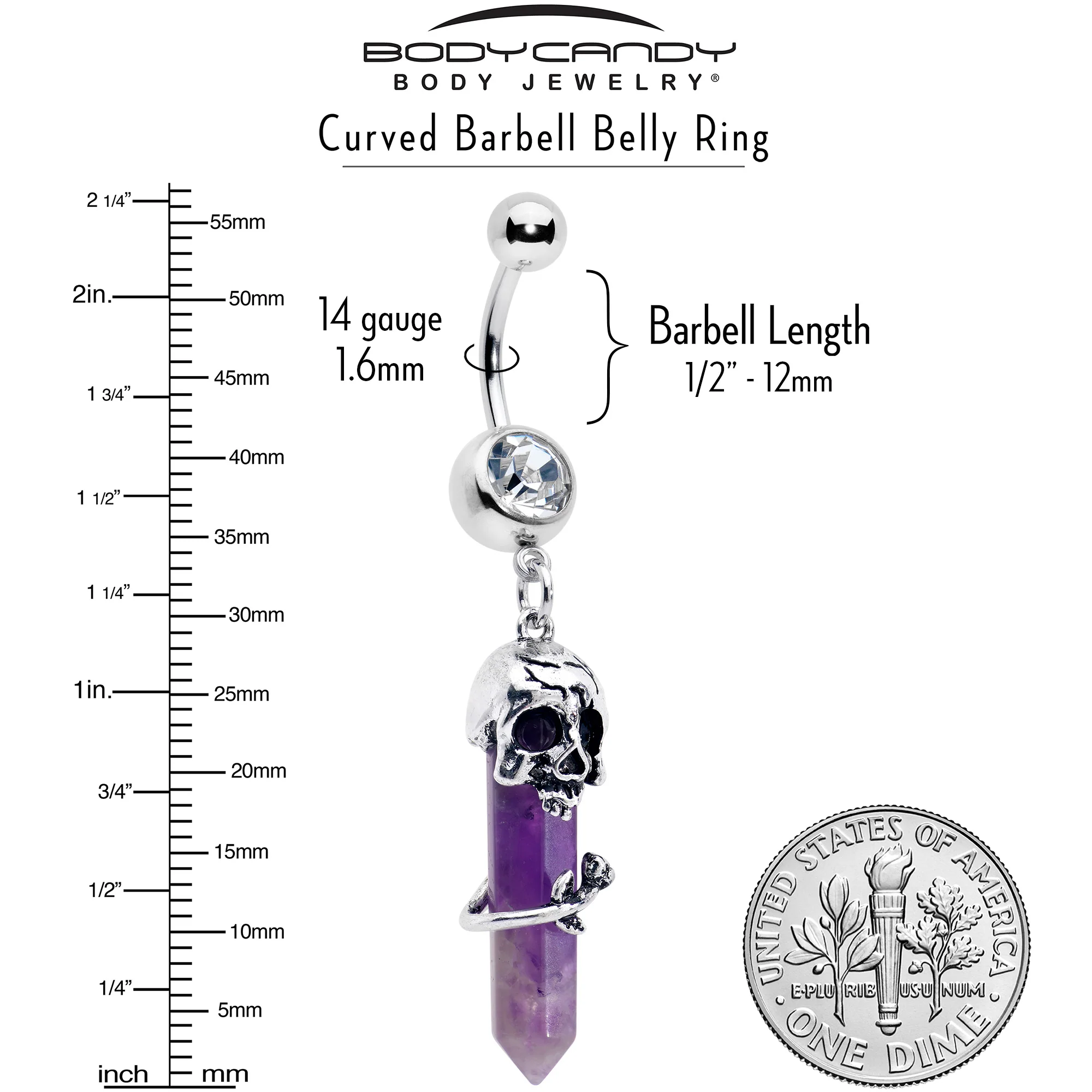 Purple Amethyst Skull Obelisk Rose Dangle Belly Ring - Image 6