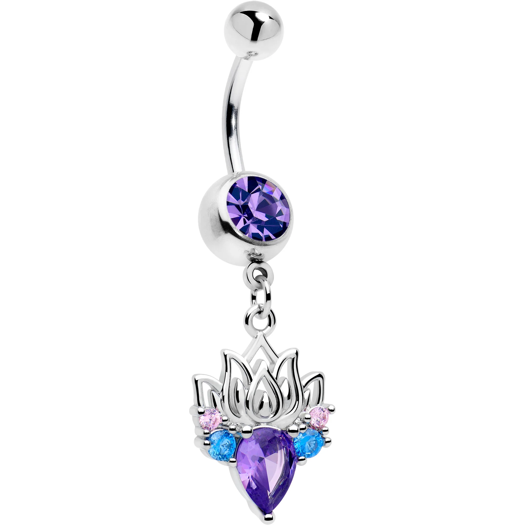 Purple Blue CZ Gem Fire Lotus Flower Dangle Belly Ring