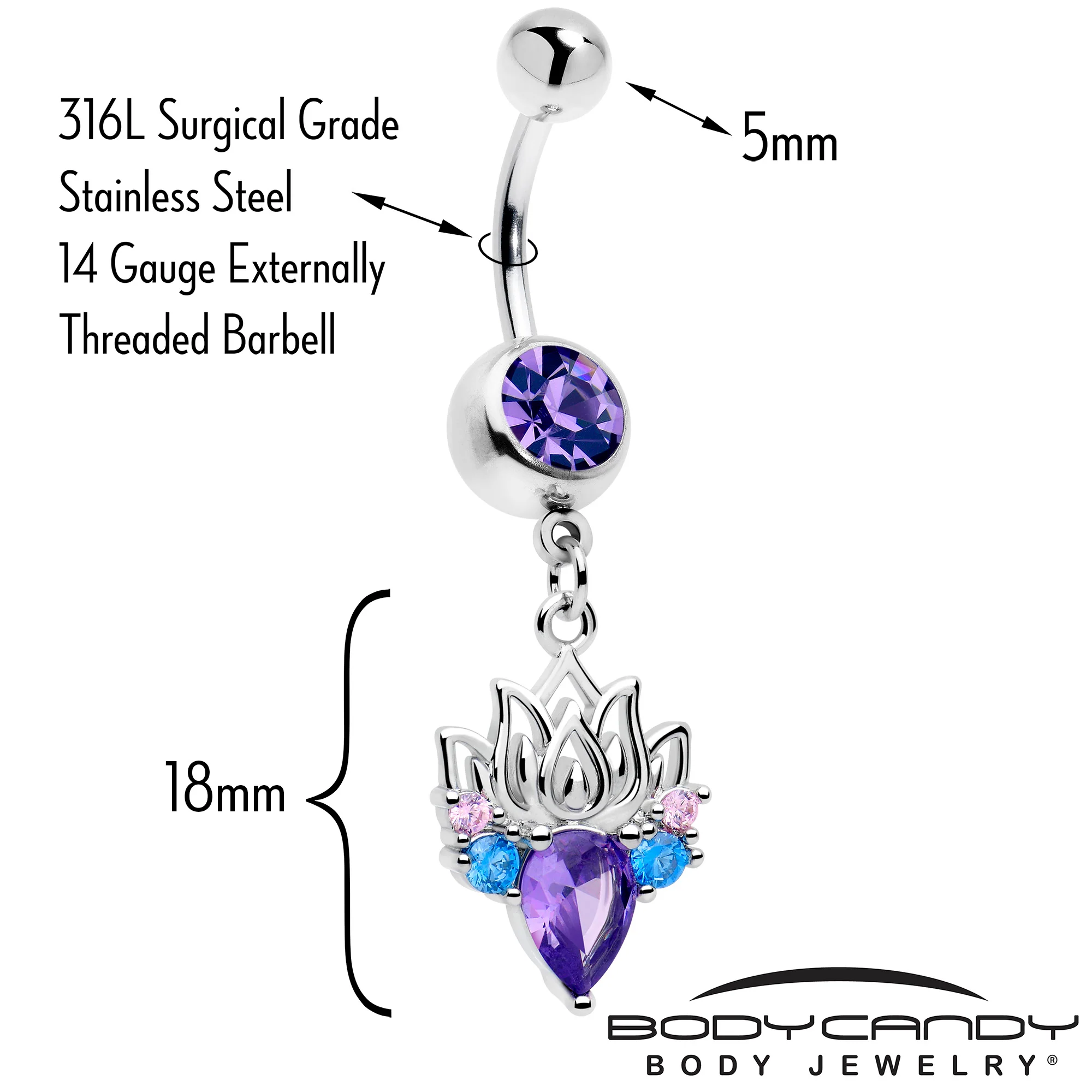 Purple Blue CZ Gem Fire Lotus Flower Dangle Belly Ring - Image 2