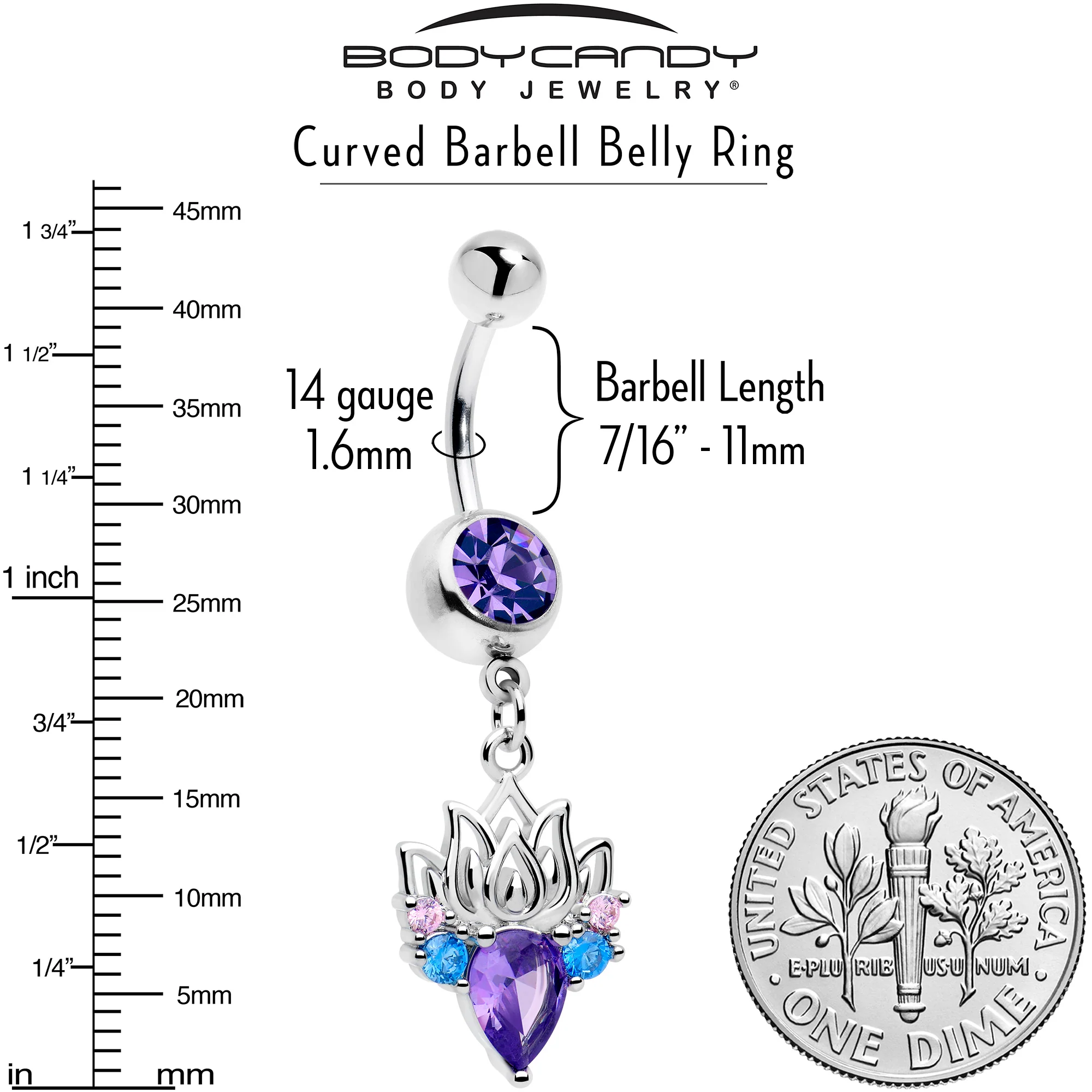 Purple Blue CZ Gem Fire Lotus Flower Dangle Belly Ring - Image 3