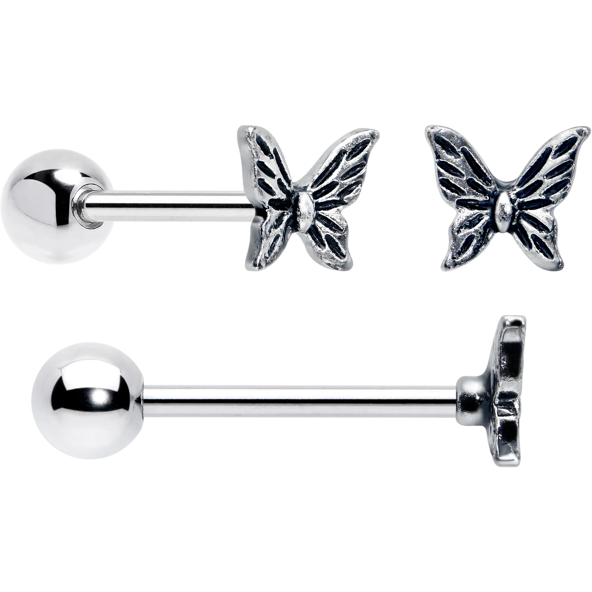 Purple Clear CZ Gem Butterfly Pink Barbell Tongue Ring Set of 4 - Image 2