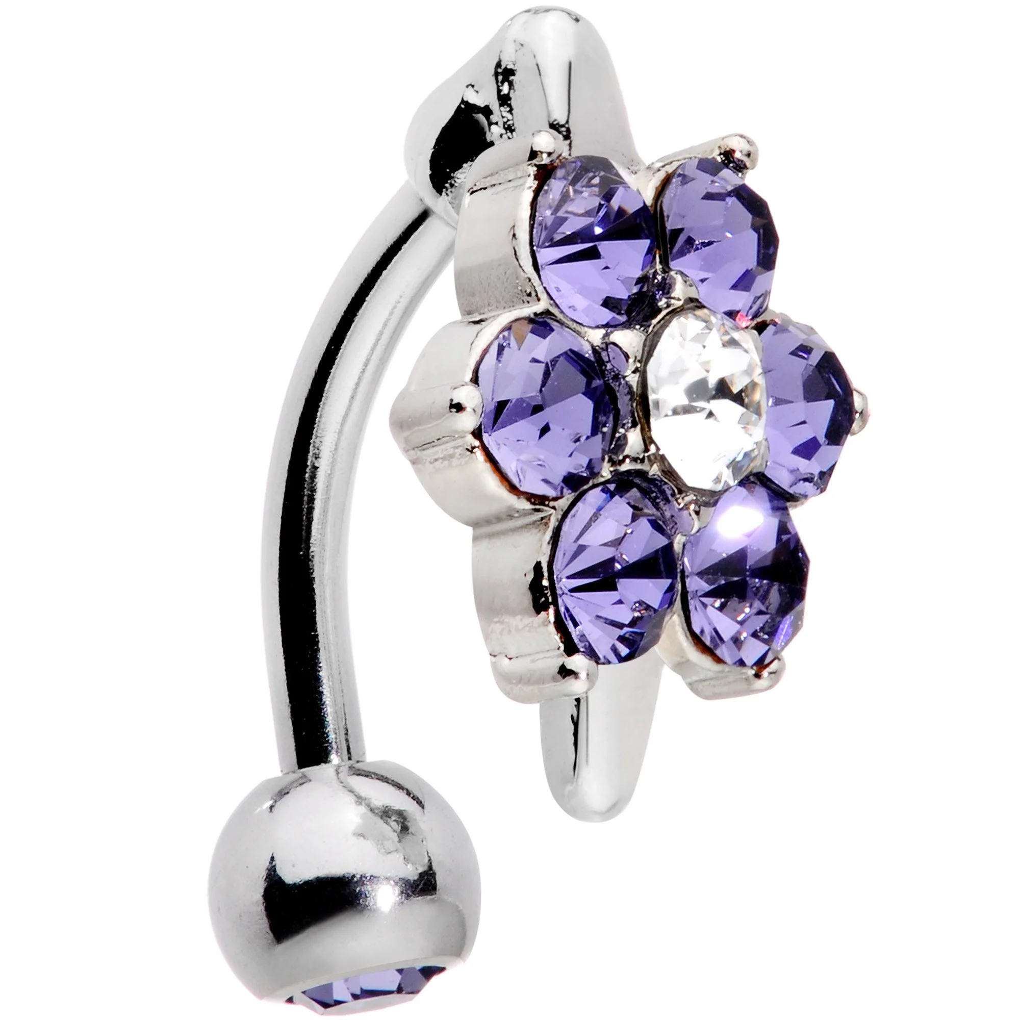 Purple Clear CZ Gem Pretty Posy Flower Top Mount Belly Ring - Image 3