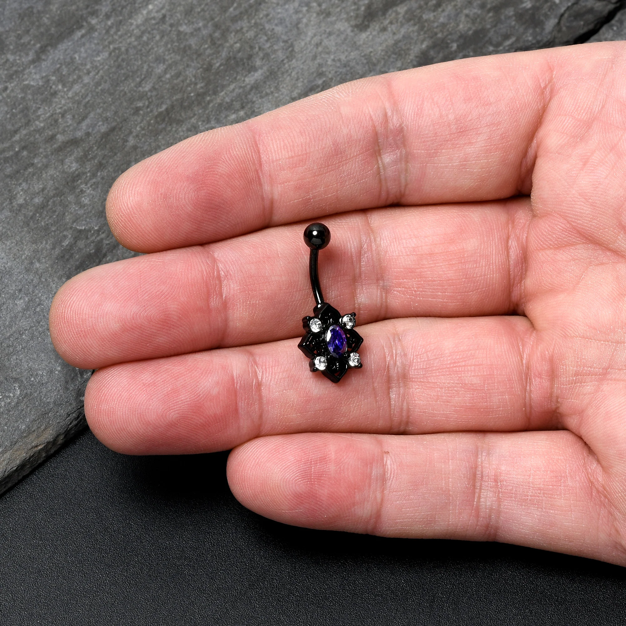 Purple Clear Gem Black Scrolling Hearts Belly Ring - Image 2