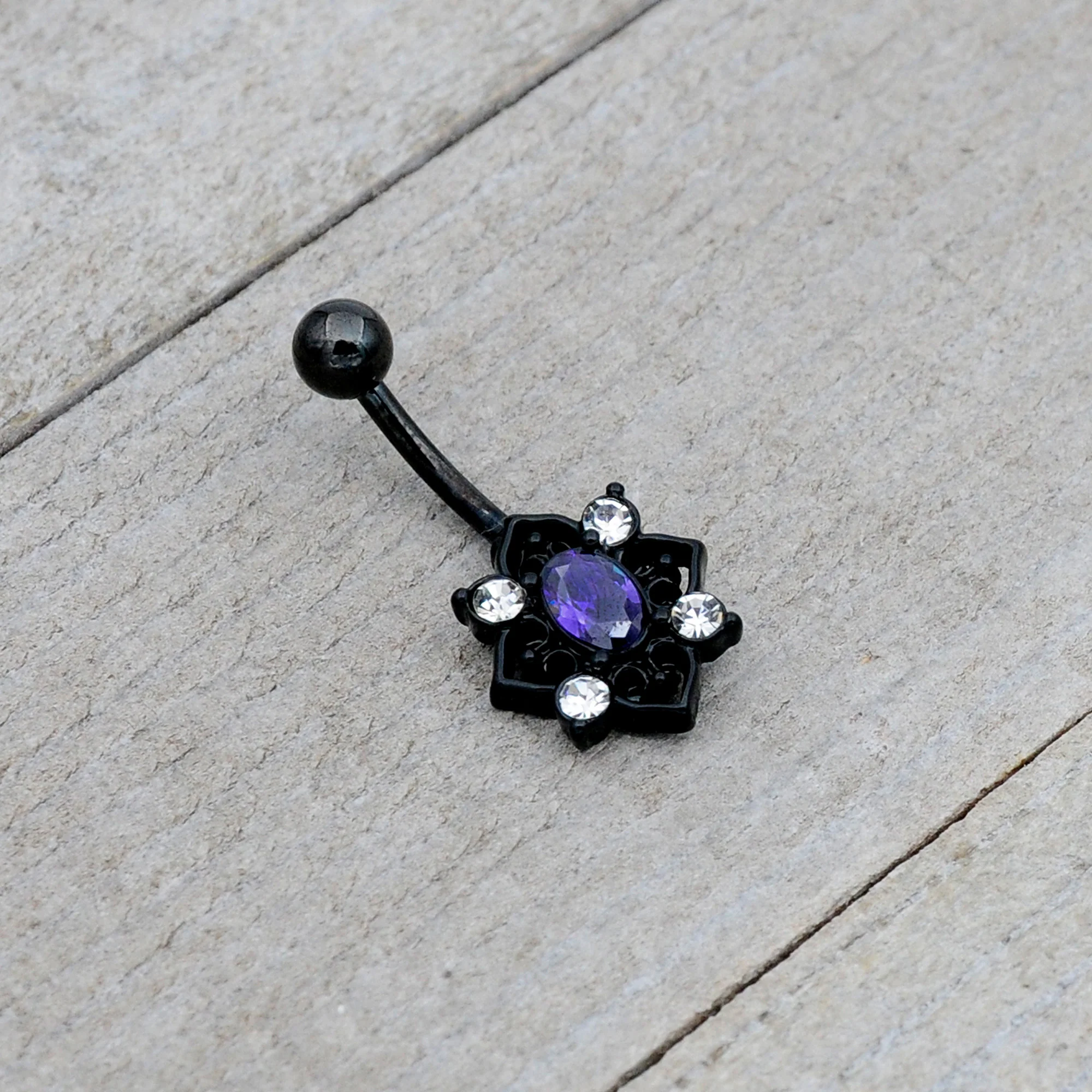 Purple Clear Gem Black Scrolling Hearts Belly Ring - Image 3