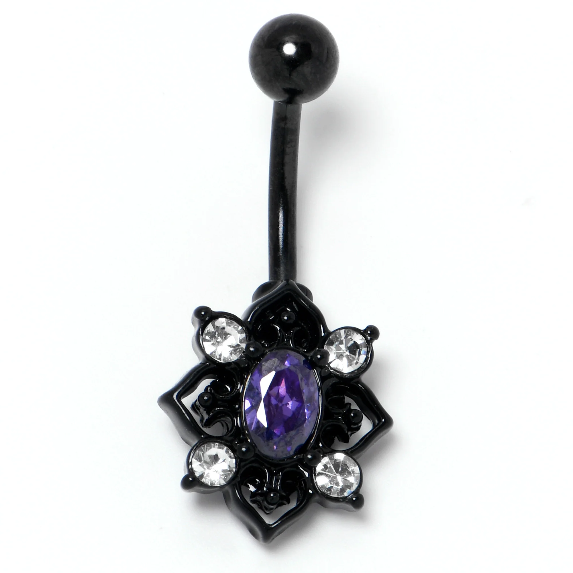 Purple Clear Gem Black Scrolling Hearts Belly Ring - Image 4