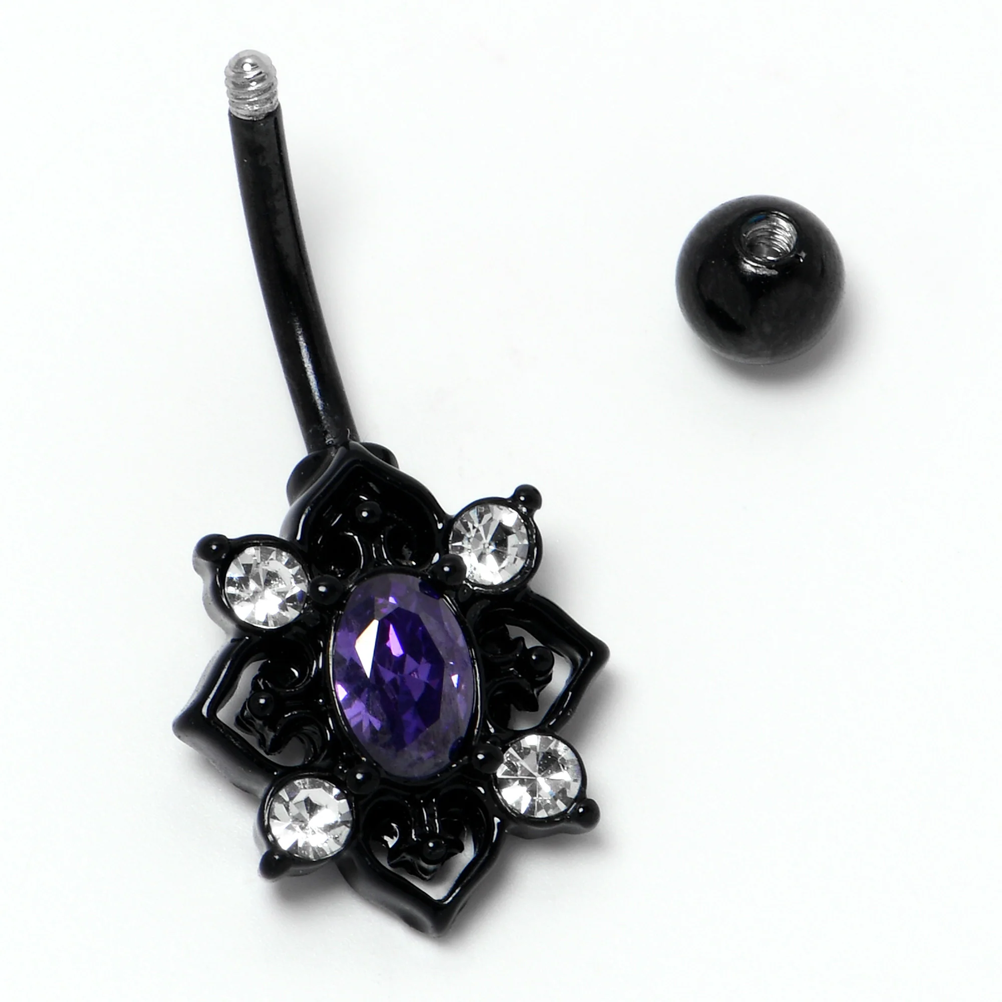 Purple Clear Gem Black Scrolling Hearts Belly Ring - Image 5