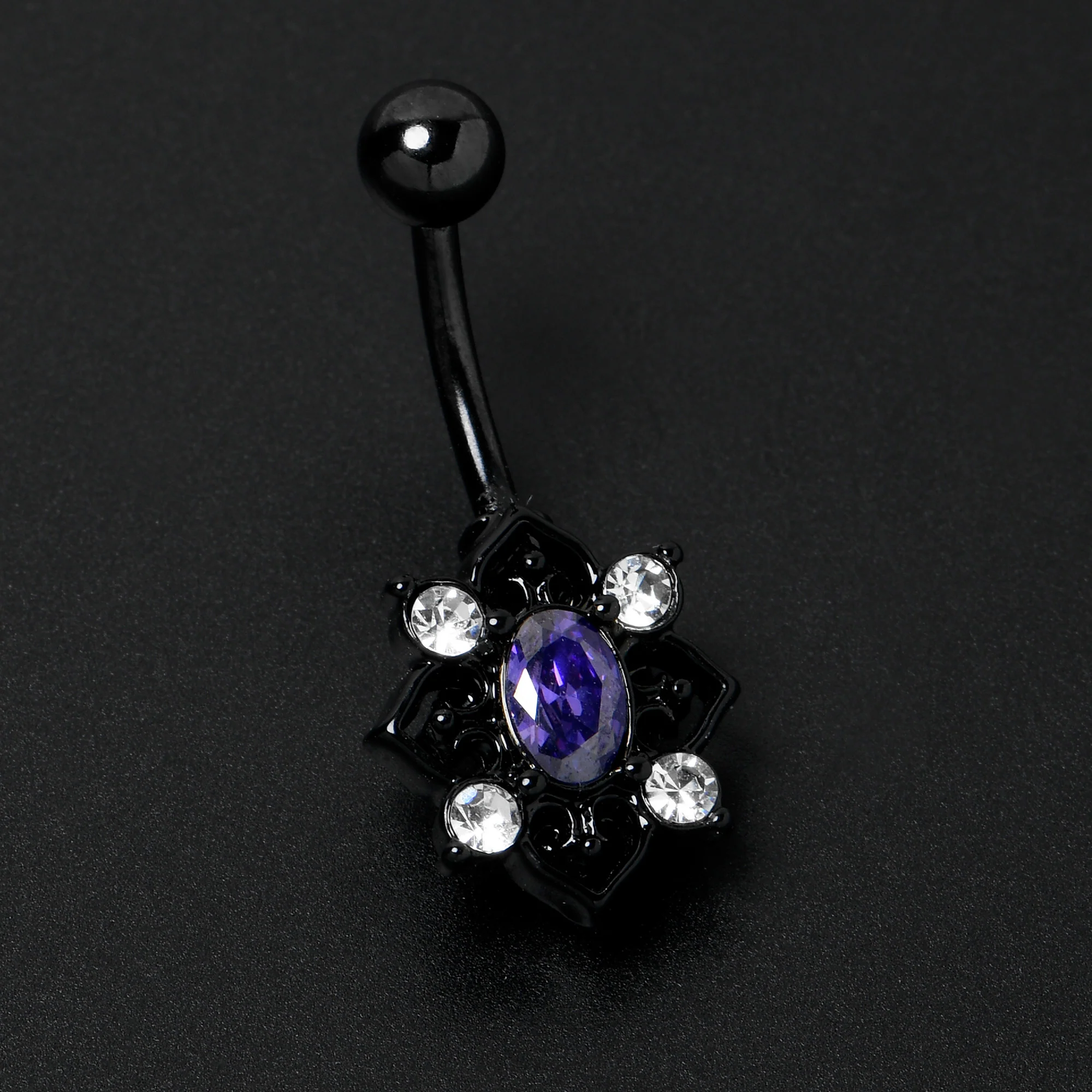 Purple Clear Gem Black Scrolling Hearts Belly Ring - Image 6