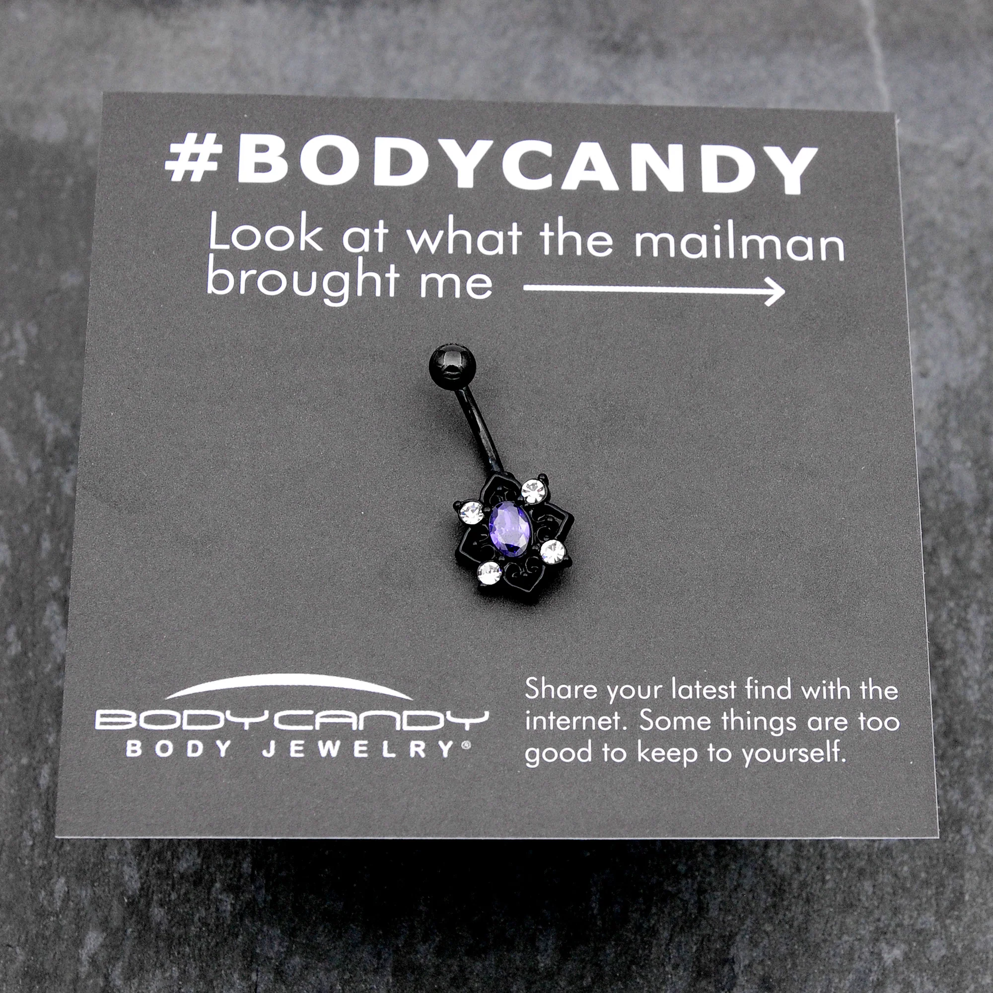 Purple Clear Gem Black Scrolling Hearts Belly Ring - Image 8