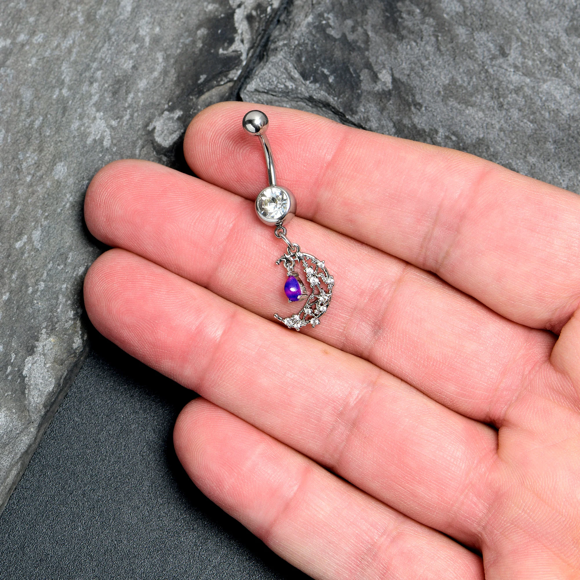 Purple Clear Gem Constellation Moon Dangle Belly Ring - Image 2