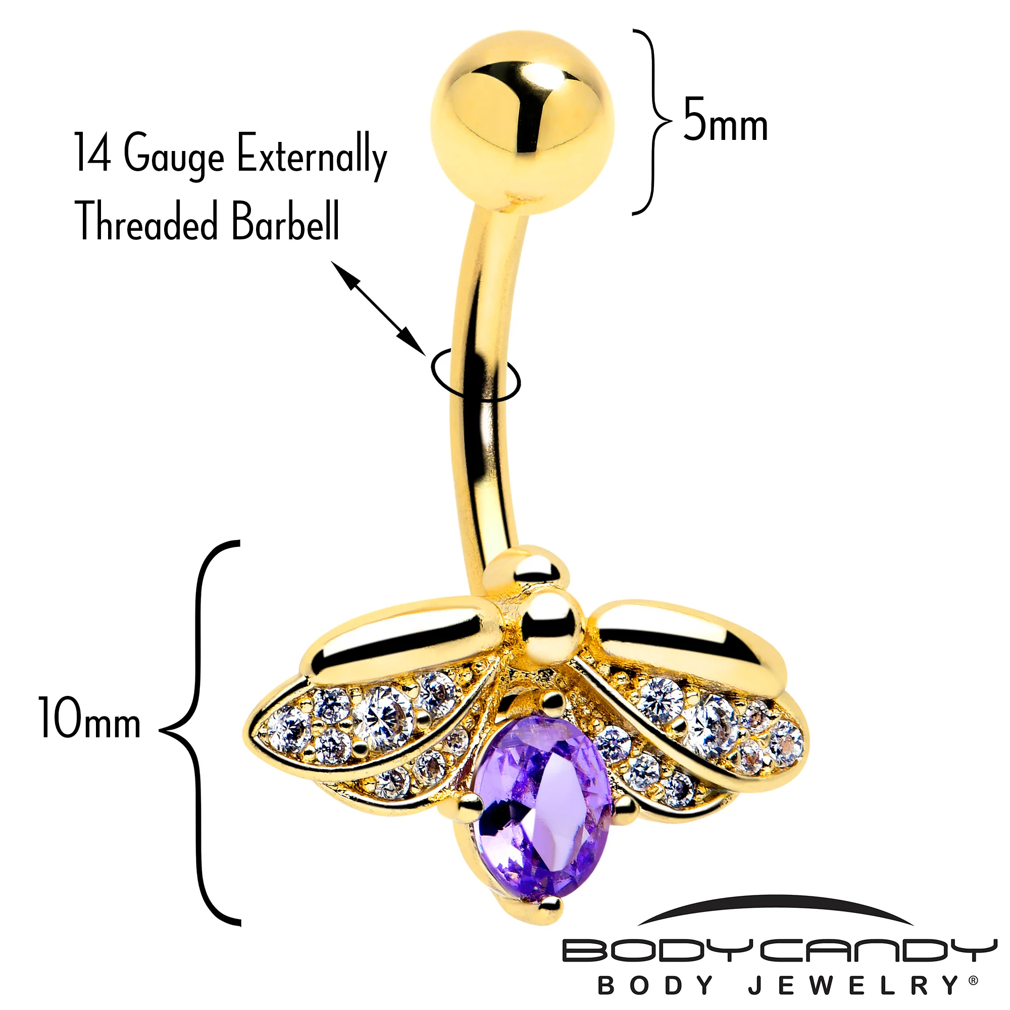 Purple Clear Gem Gold Tone Beauty Bug Belly Ring - Image 2