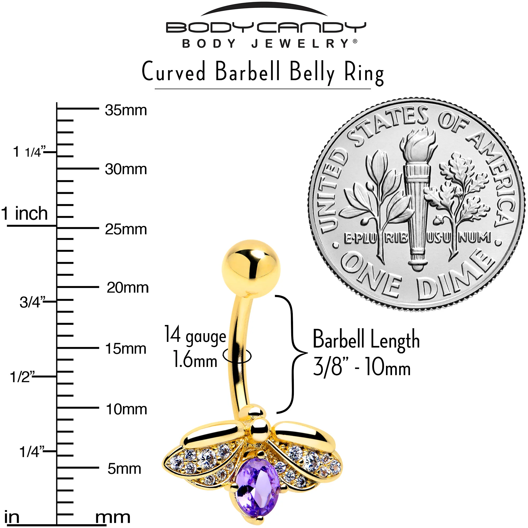 Purple Clear Gem Gold Tone Beauty Bug Belly Ring - Image 3