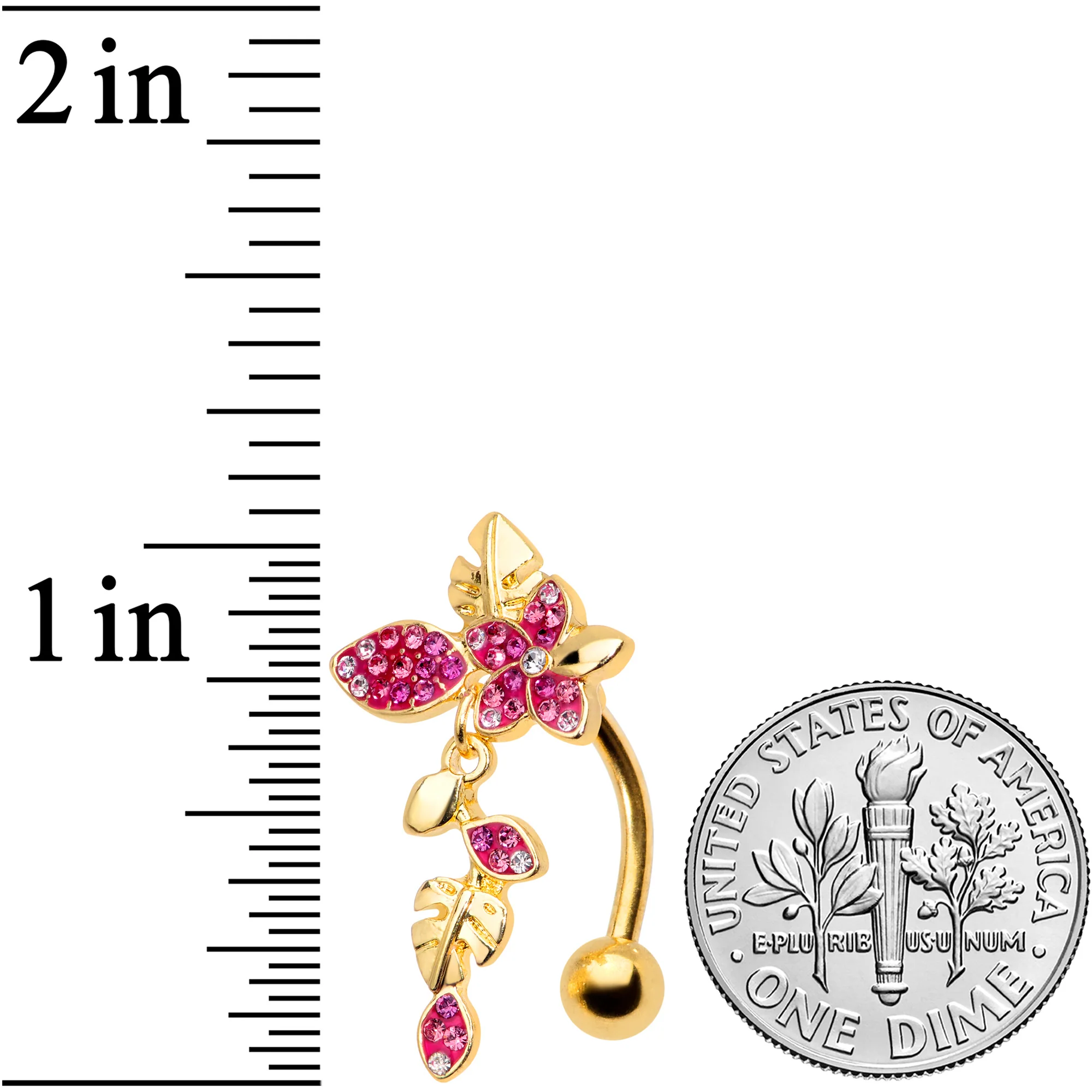 Purple Clear Gem Gold Tone Flowers Top Mount Dangle Belly Ring - Image 2
