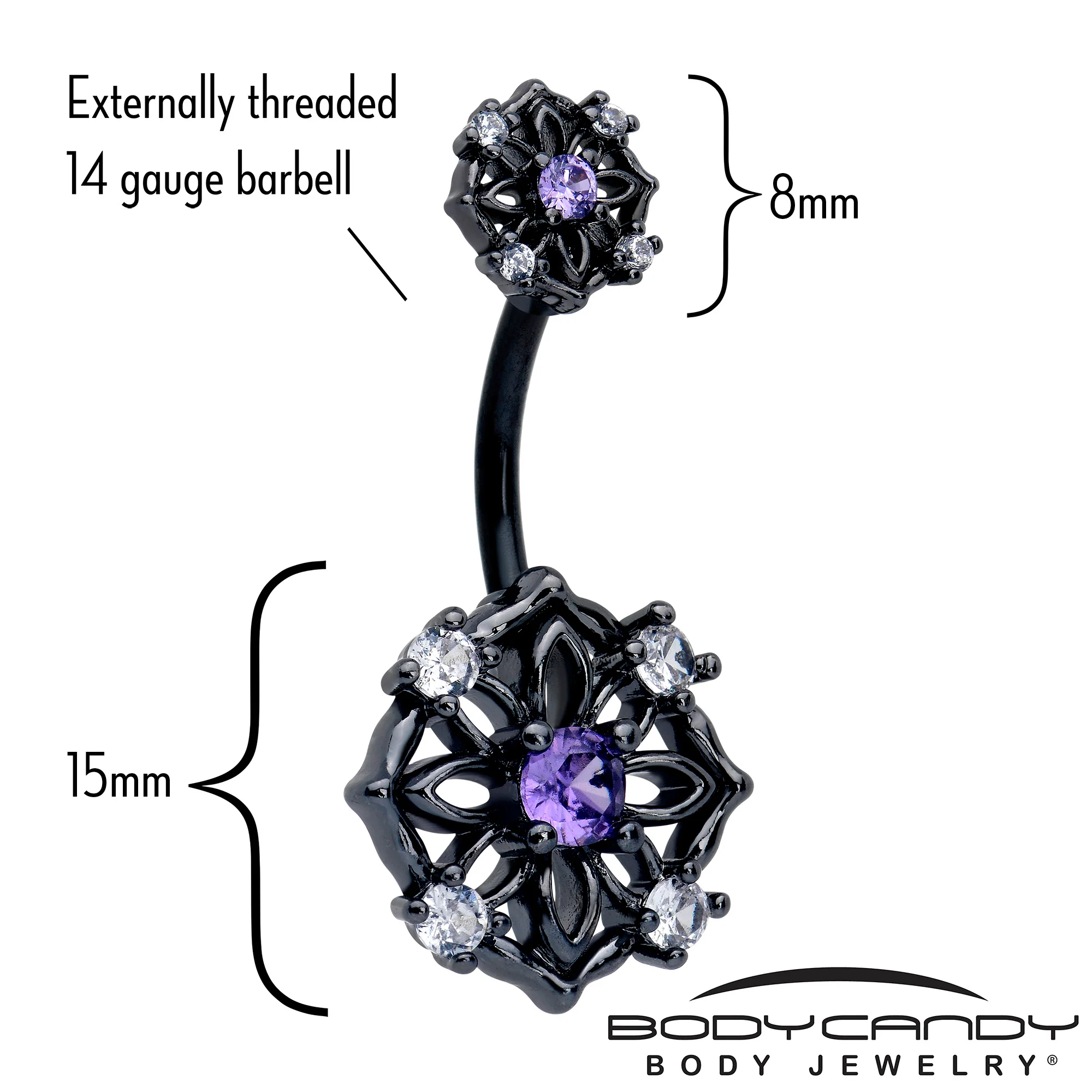 Purple CZ Gem Black Flower Ring Double Mount Belly Ring - Image 2