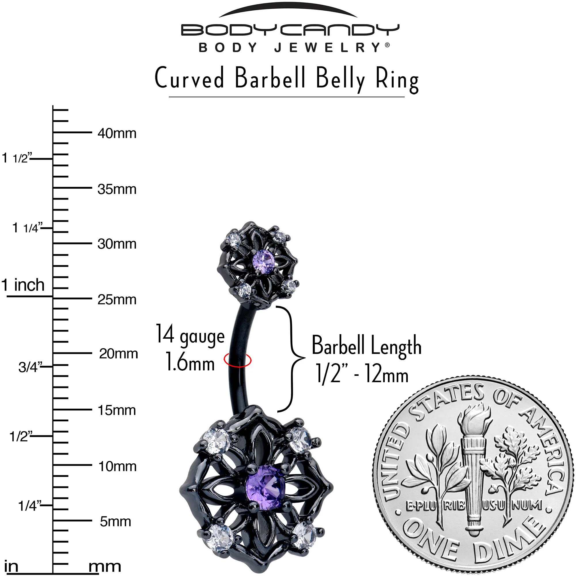 Purple CZ Gem Black Flower Ring Double Mount Belly Ring - Image 3