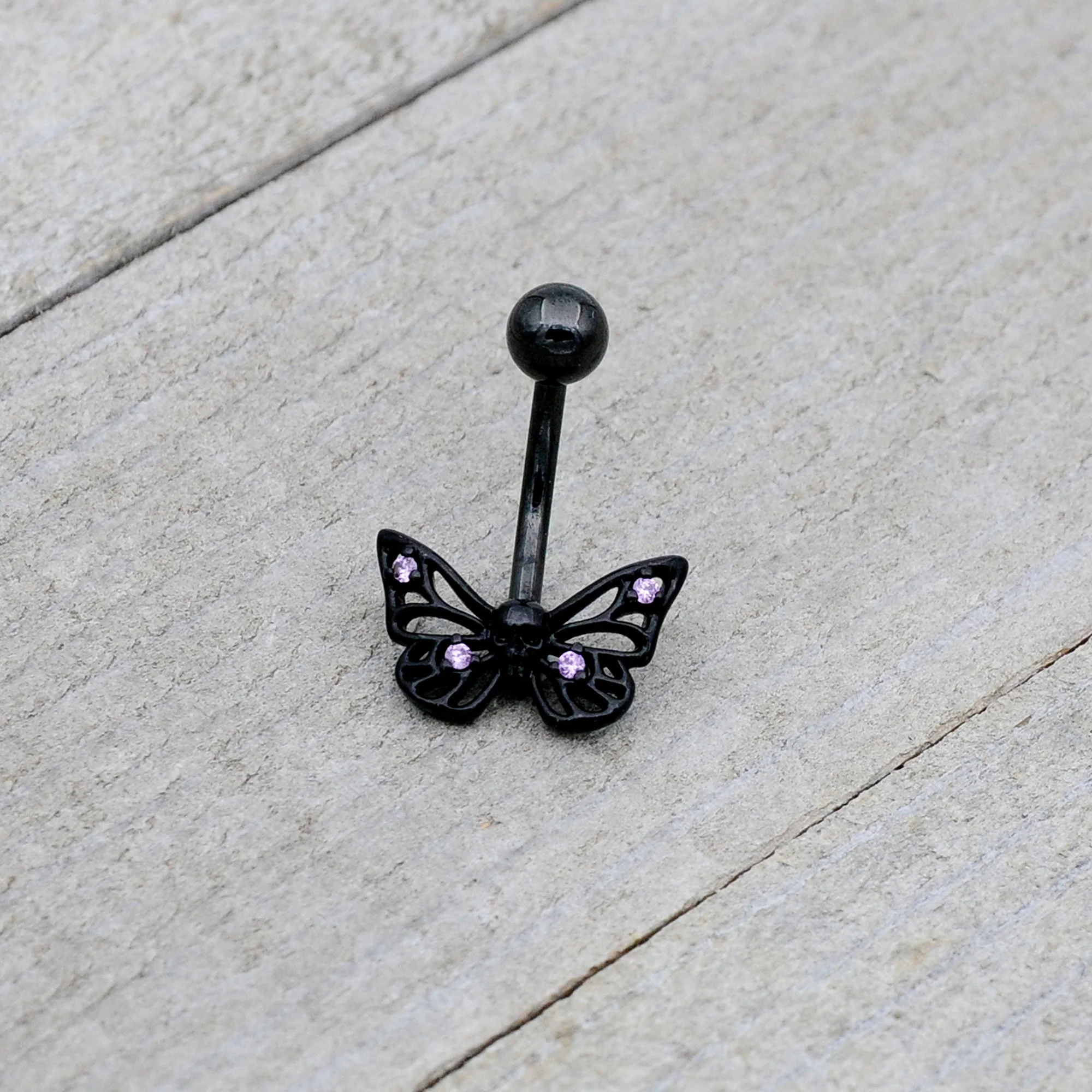 Purple CZ Gem Black Skull Butterfly Belly Ring - Image 3