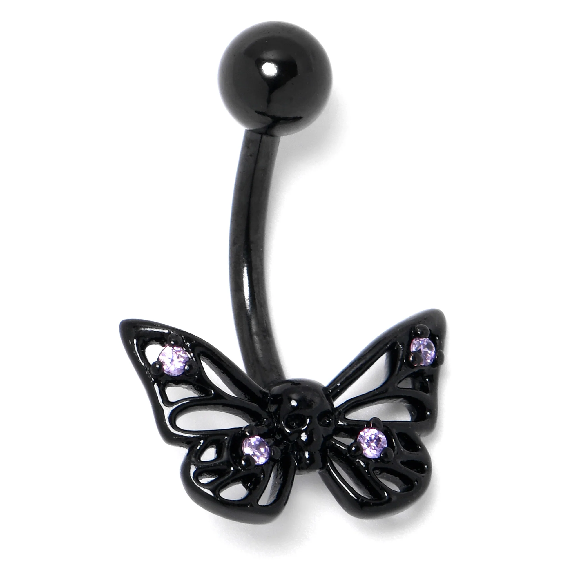 Purple CZ Gem Black Skull Butterfly Belly Ring - Image 4