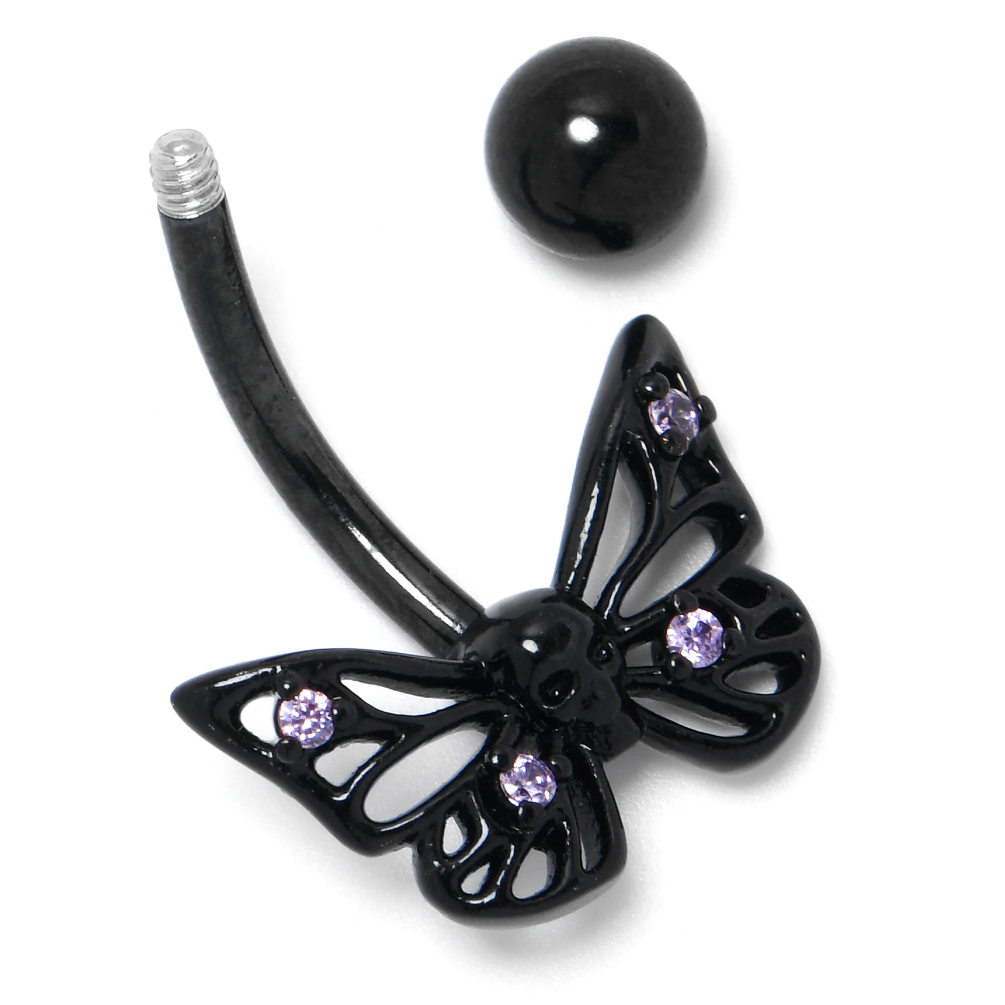 Purple CZ Gem Black Skull Butterfly Belly Ring - Image 5