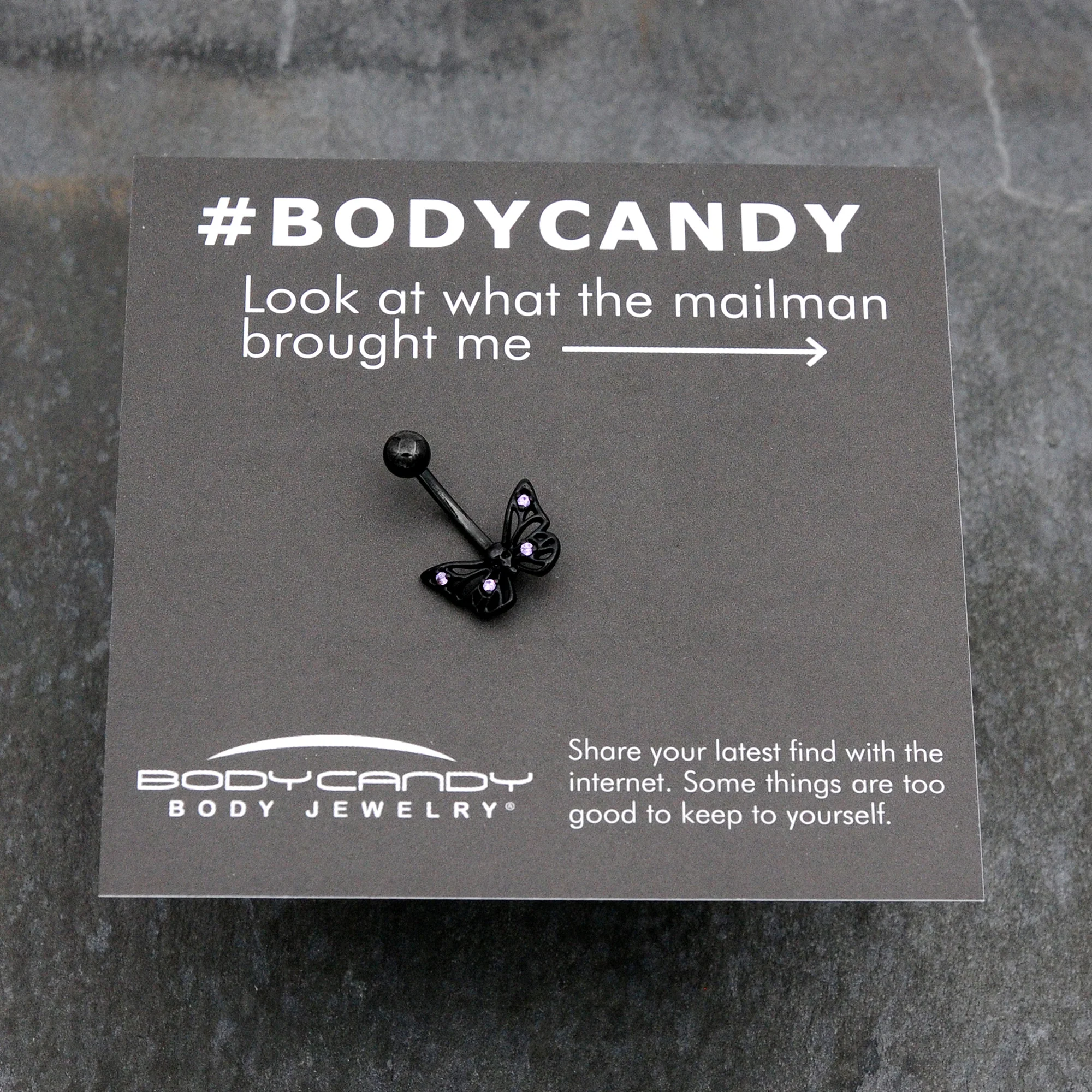Purple CZ Gem Black Skull Butterfly Belly Ring - Image 8