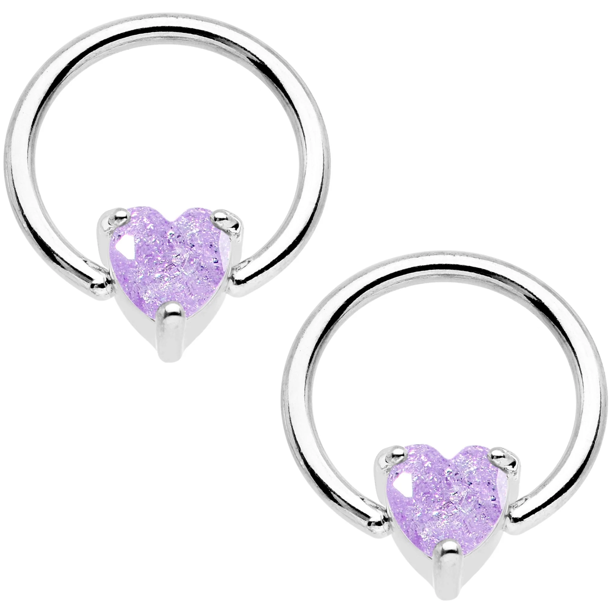 14G Purple CZ Gem Heart Captive Ring Barbell Nipple Ring Set - Image 2
