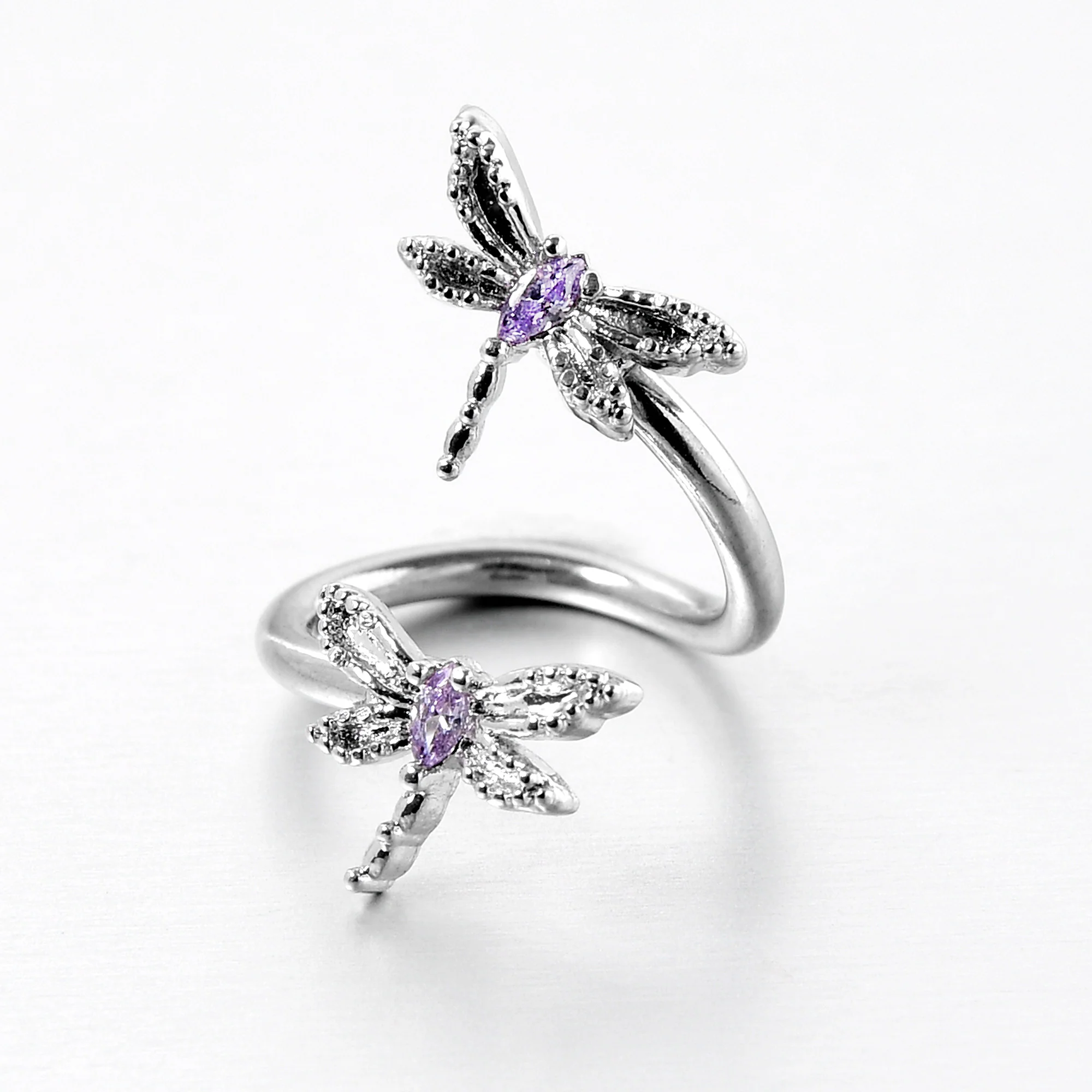 Purple CZ Gem Open Dragonfly Spiral Twister Belly Ring - Image 3