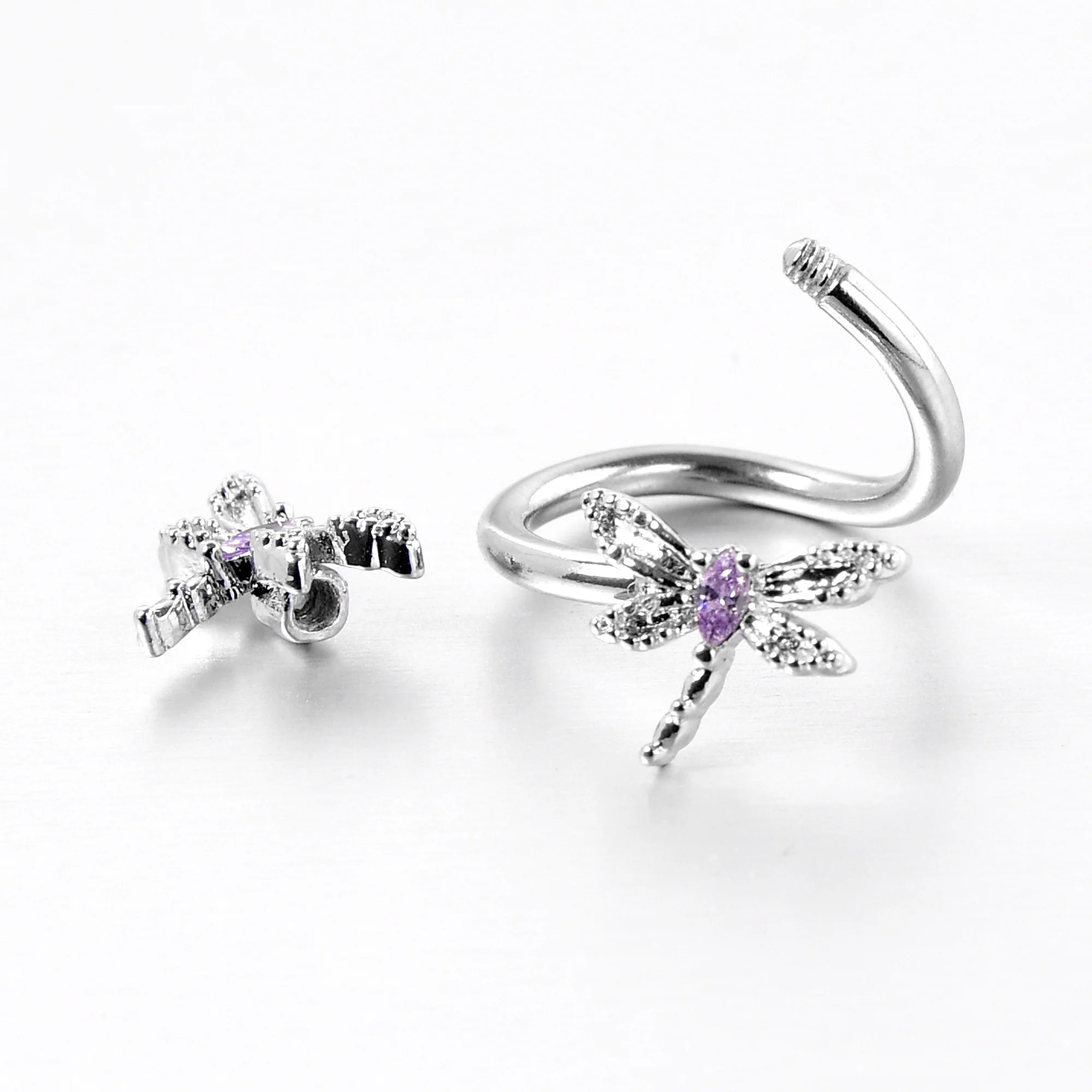 Purple CZ Gem Open Dragonfly Spiral Twister Belly Ring - Image 4