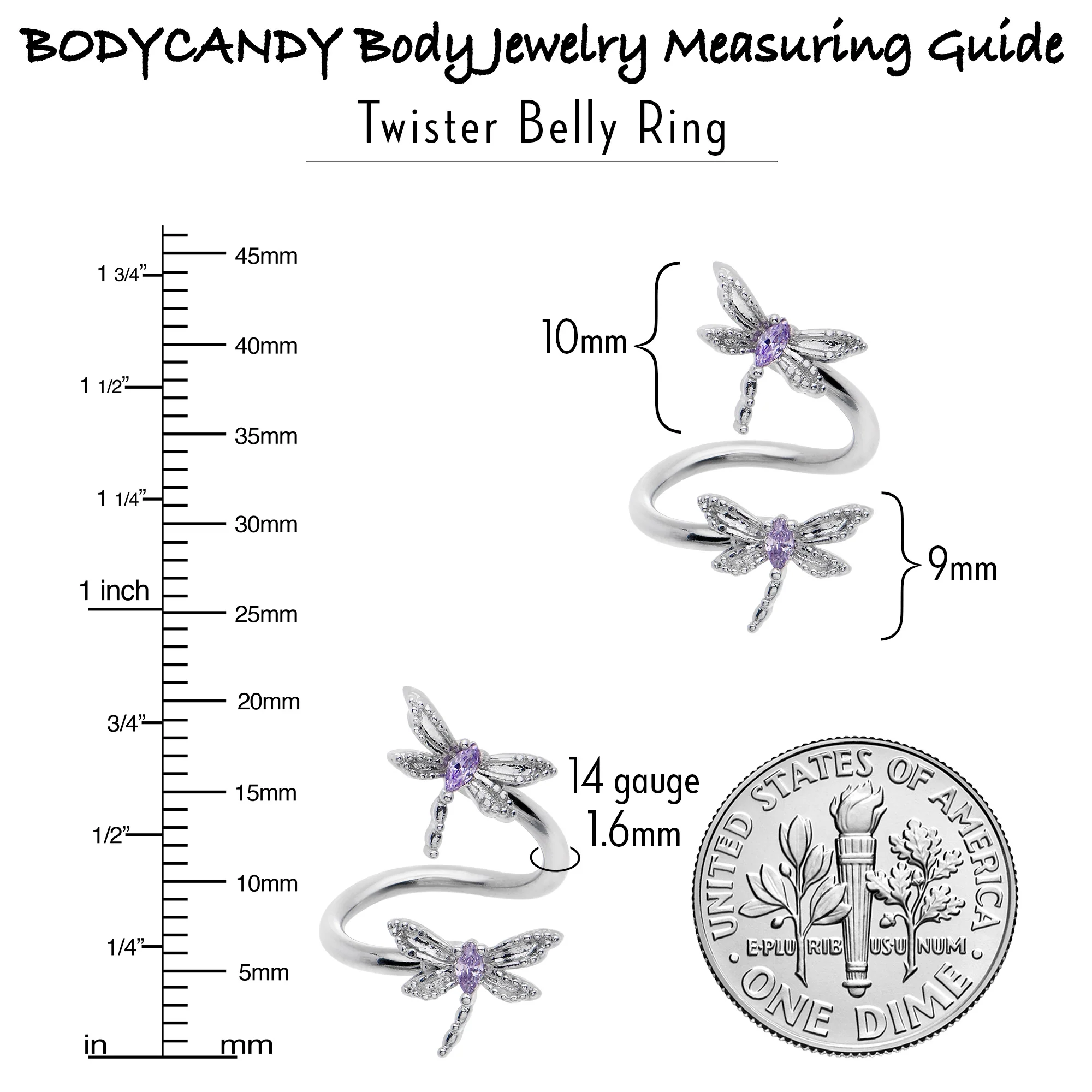 Purple CZ Gem Open Dragonfly Spiral Twister Belly Ring - Image 5