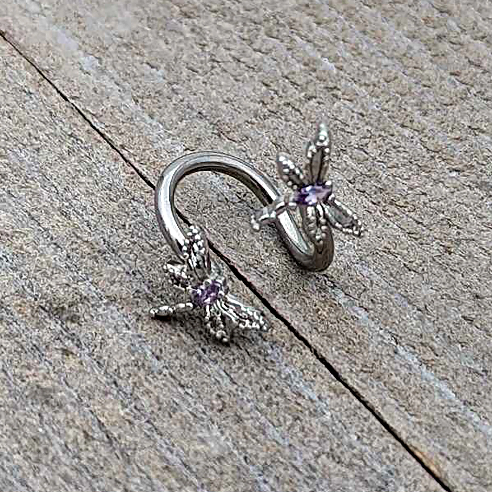 Purple CZ Gem Open Dragonfly Spiral Twister Belly Ring - Image 7