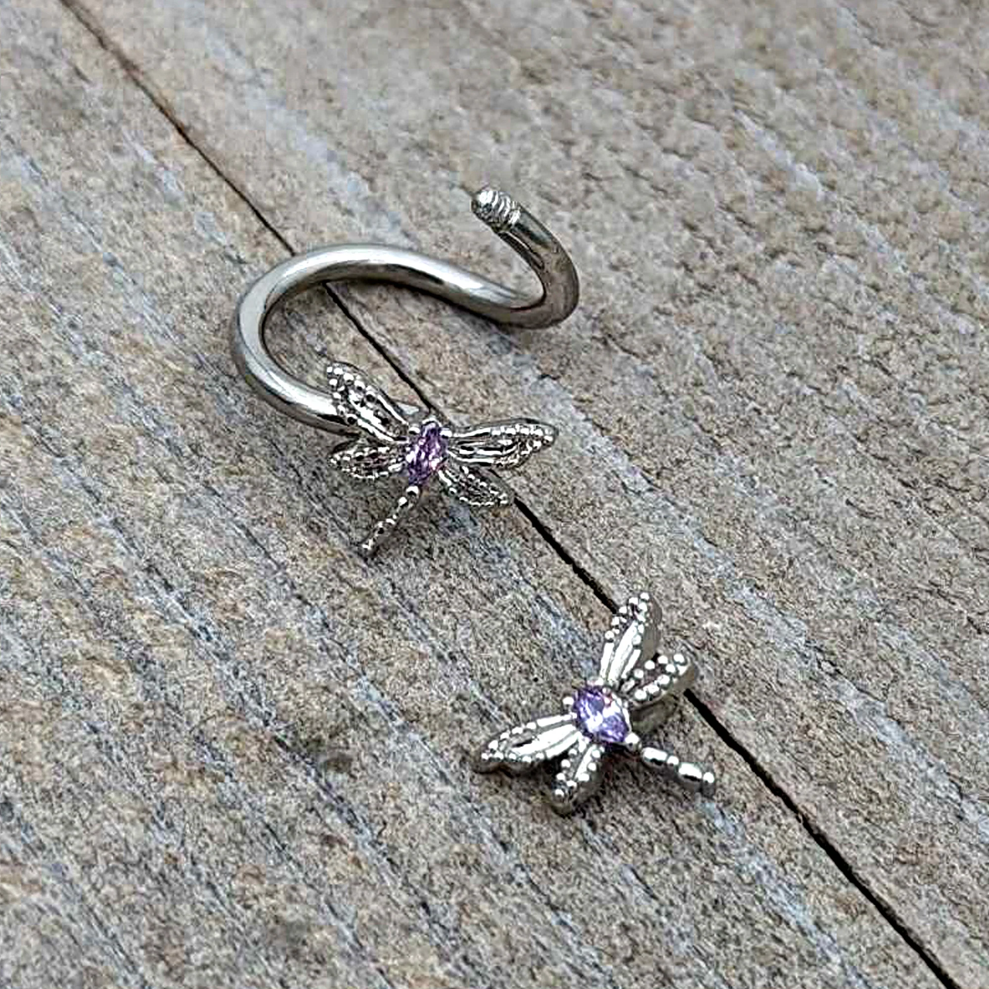 Purple CZ Gem Open Dragonfly Spiral Twister Belly Ring - Image 8