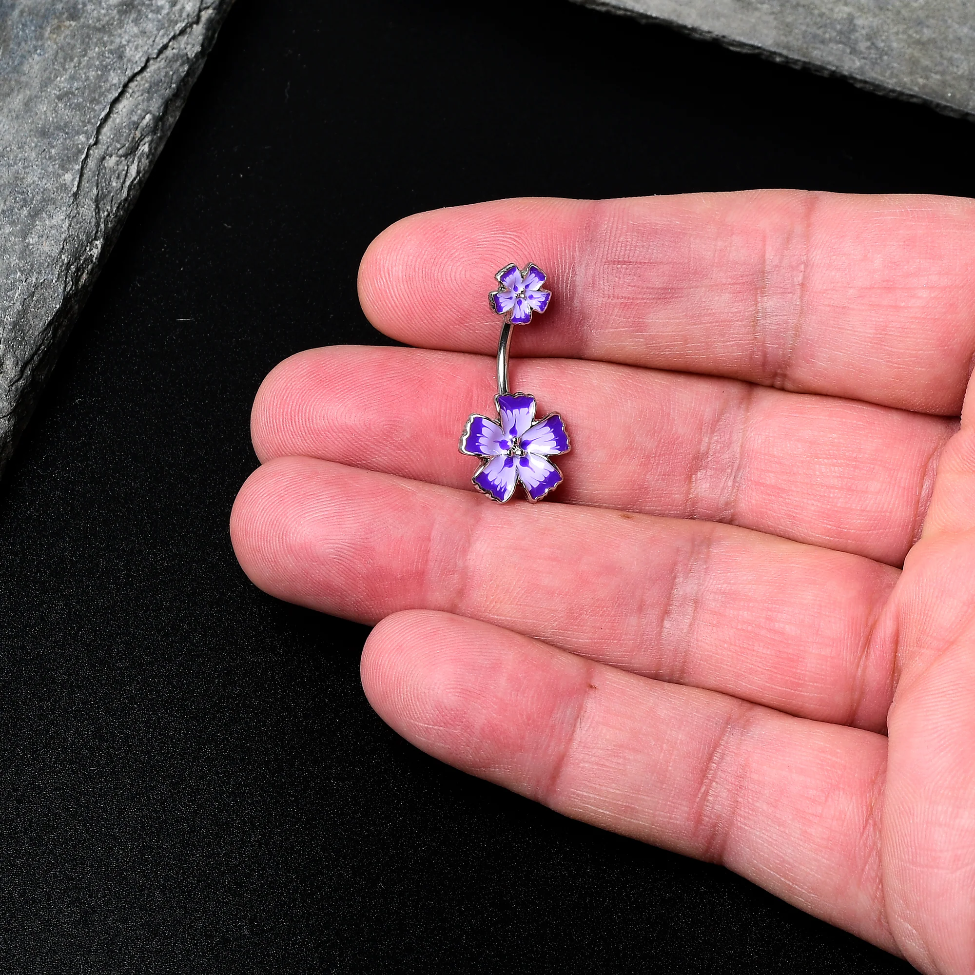 Purple Flower Textured Center Double Mount Belly Ring - Image 2