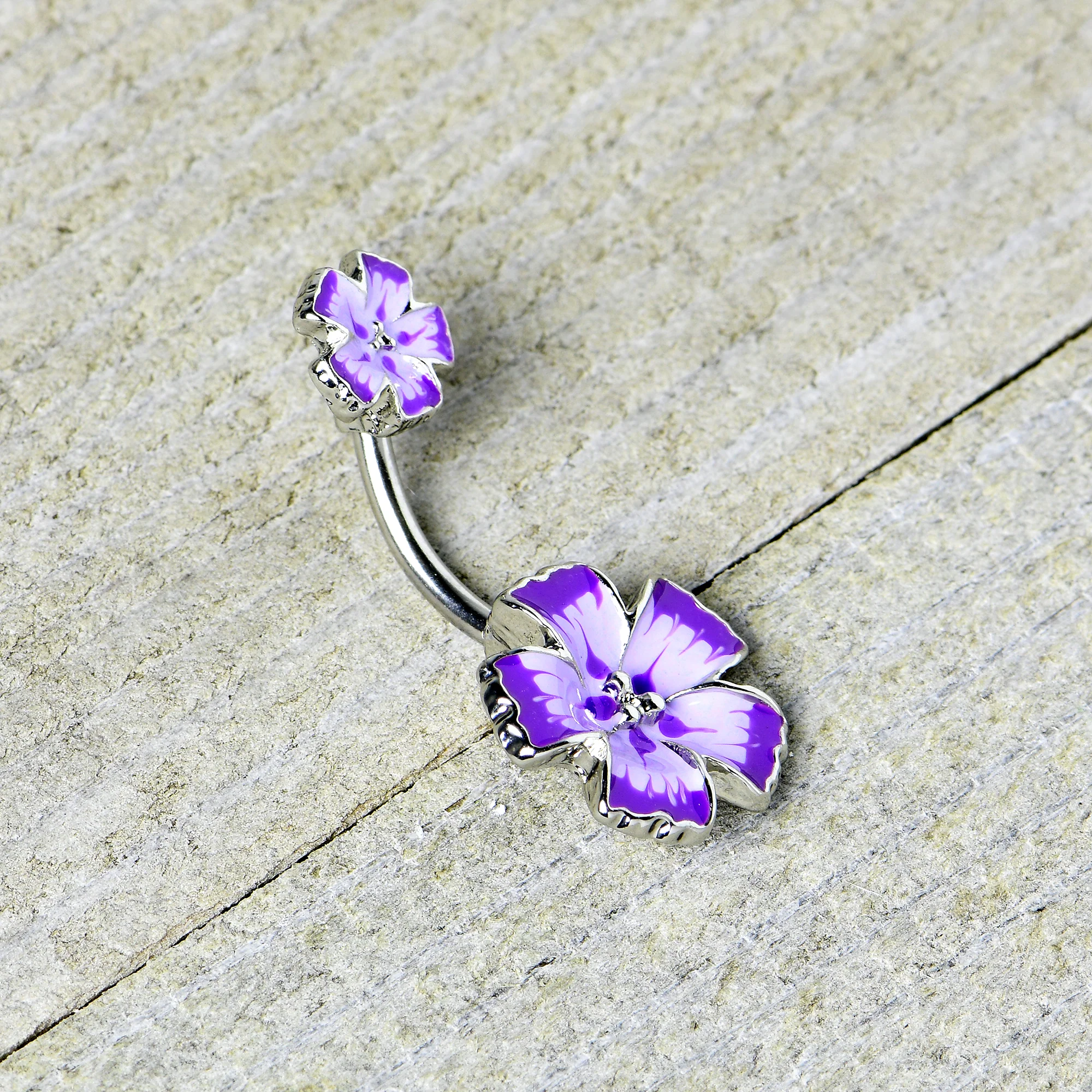 Purple Flower Textured Center Double Mount Belly Ring - Image 5