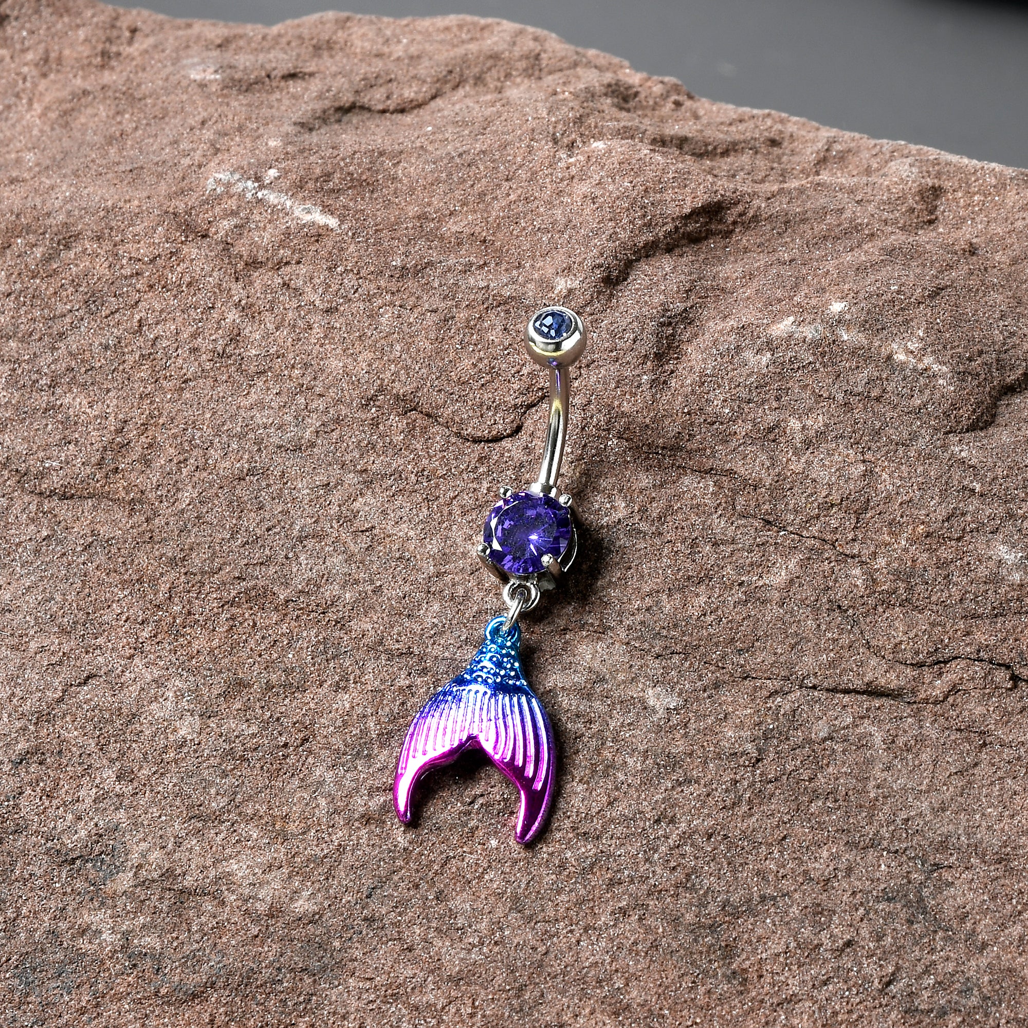 Purple Gem Aqua Pink Mermaid Scale Tail Dangle Belly Ring - Image 2
