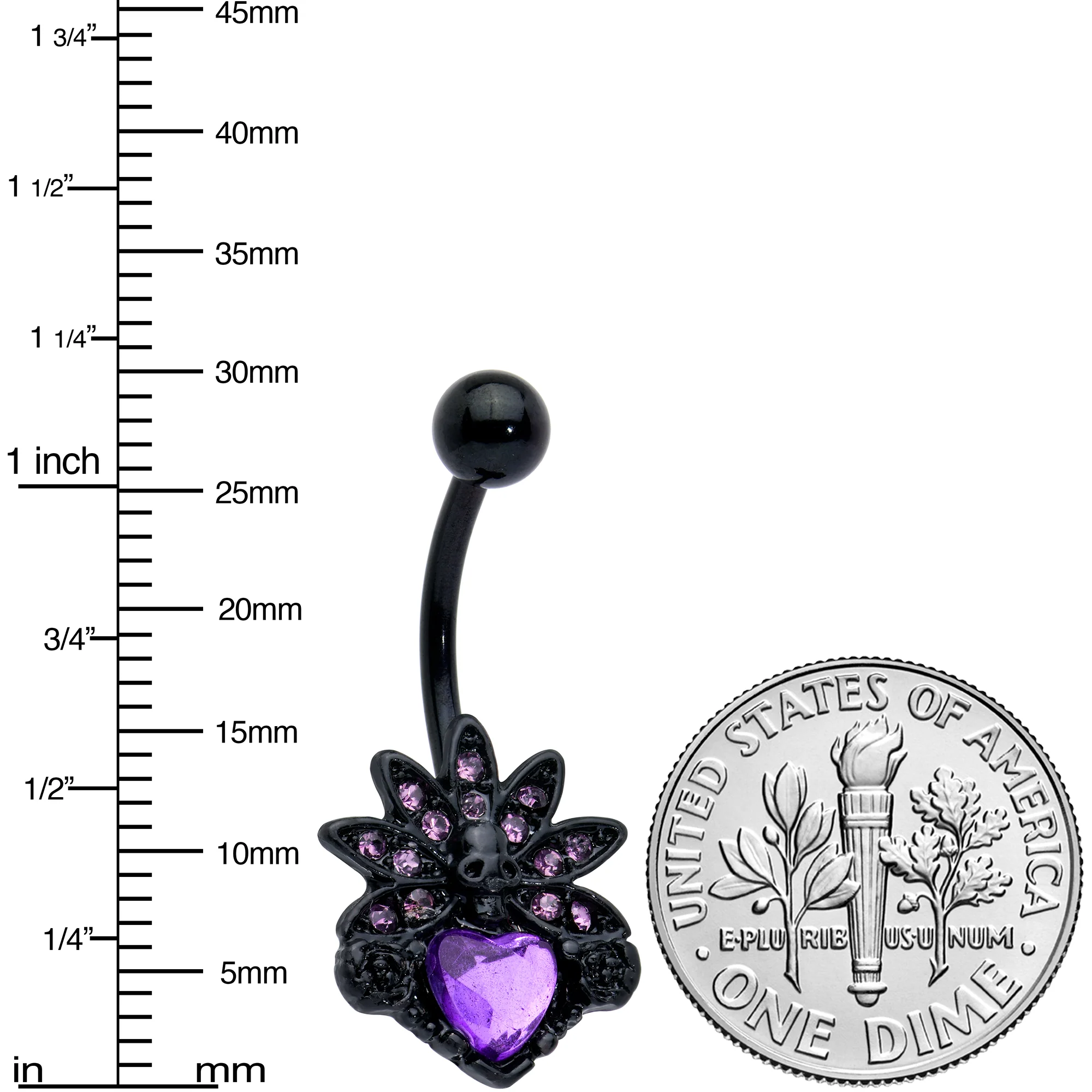 Purple Gem Black Skull Blossom Heart Belly Ring - Image 2