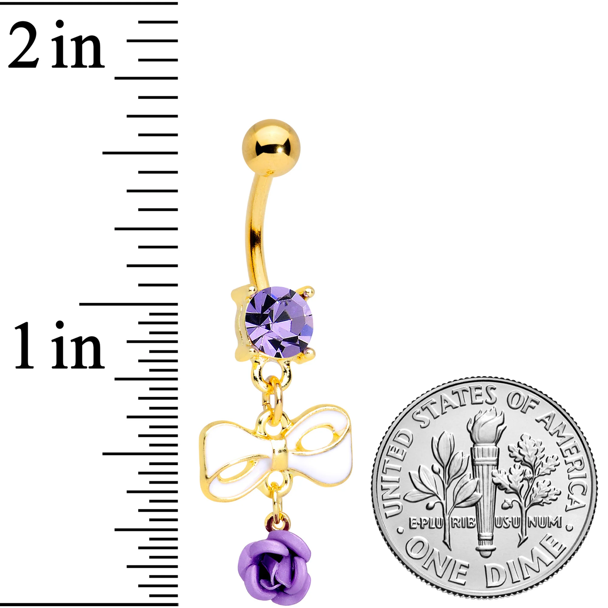 Purple Gem Gold Tone Bow Rose Flower Dangle Belly Ring - Image 3